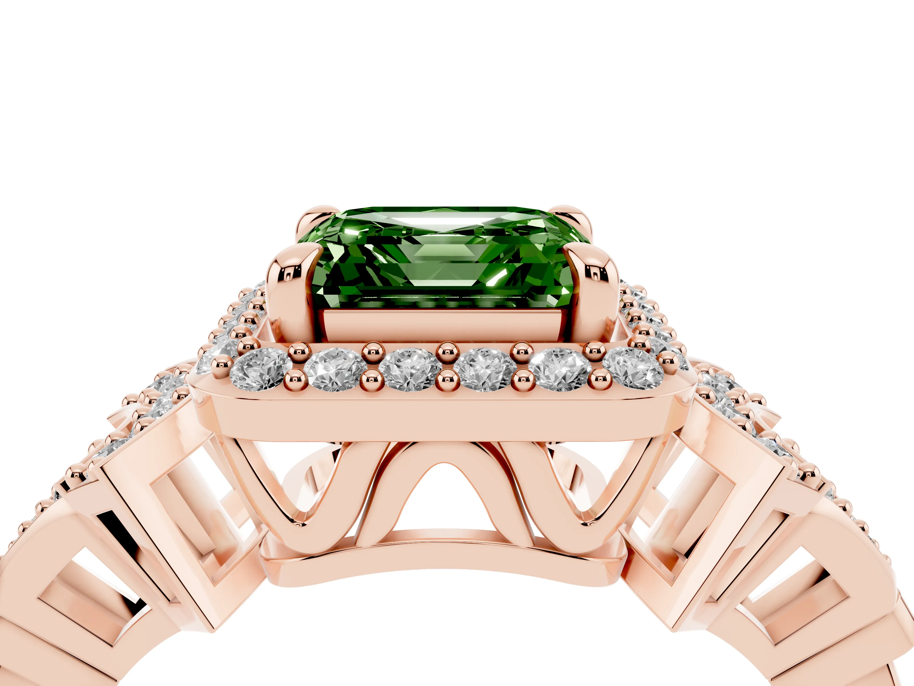 Fancy Green Asscher Cut Diamond Halo Engagement Ring Set in Rose gold with Accent Stone Split Shank