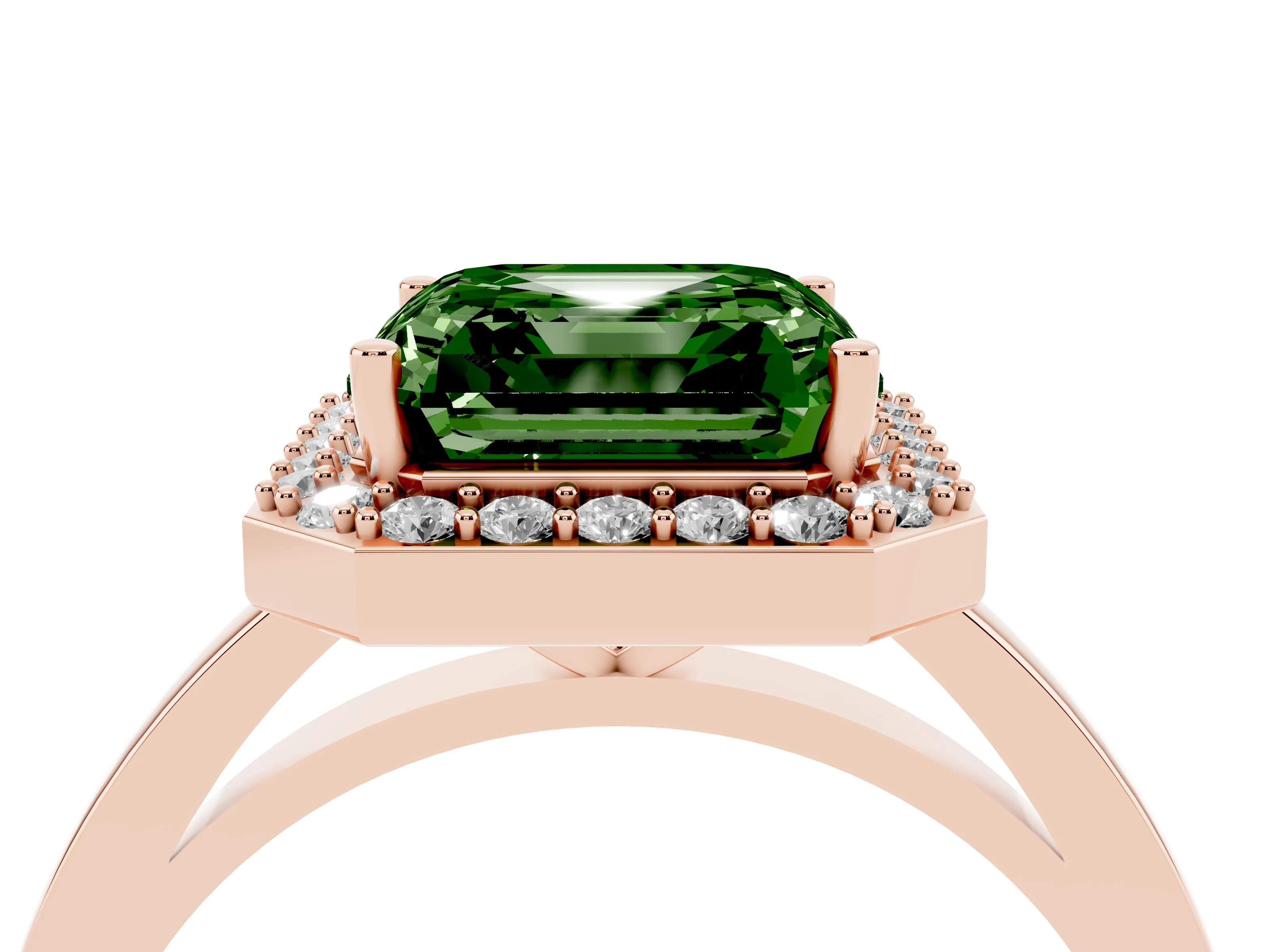 Fancy Green Asscher Cut Diamond Halo Ring Set in Rose gold with Solitaire Band and Prong Setting