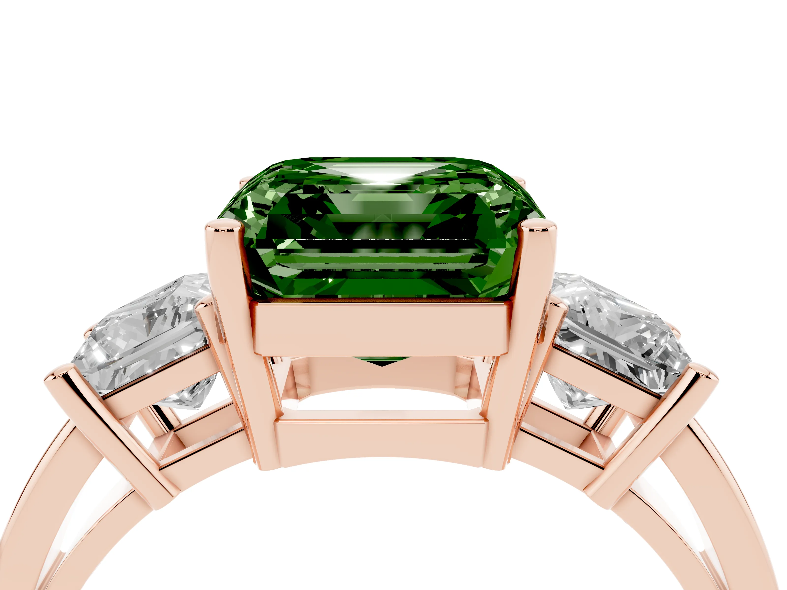 Fancy Green Three-Stone Asscher Cut Diamond Solitaire Ring Set in Rose gold with Prong Setting
