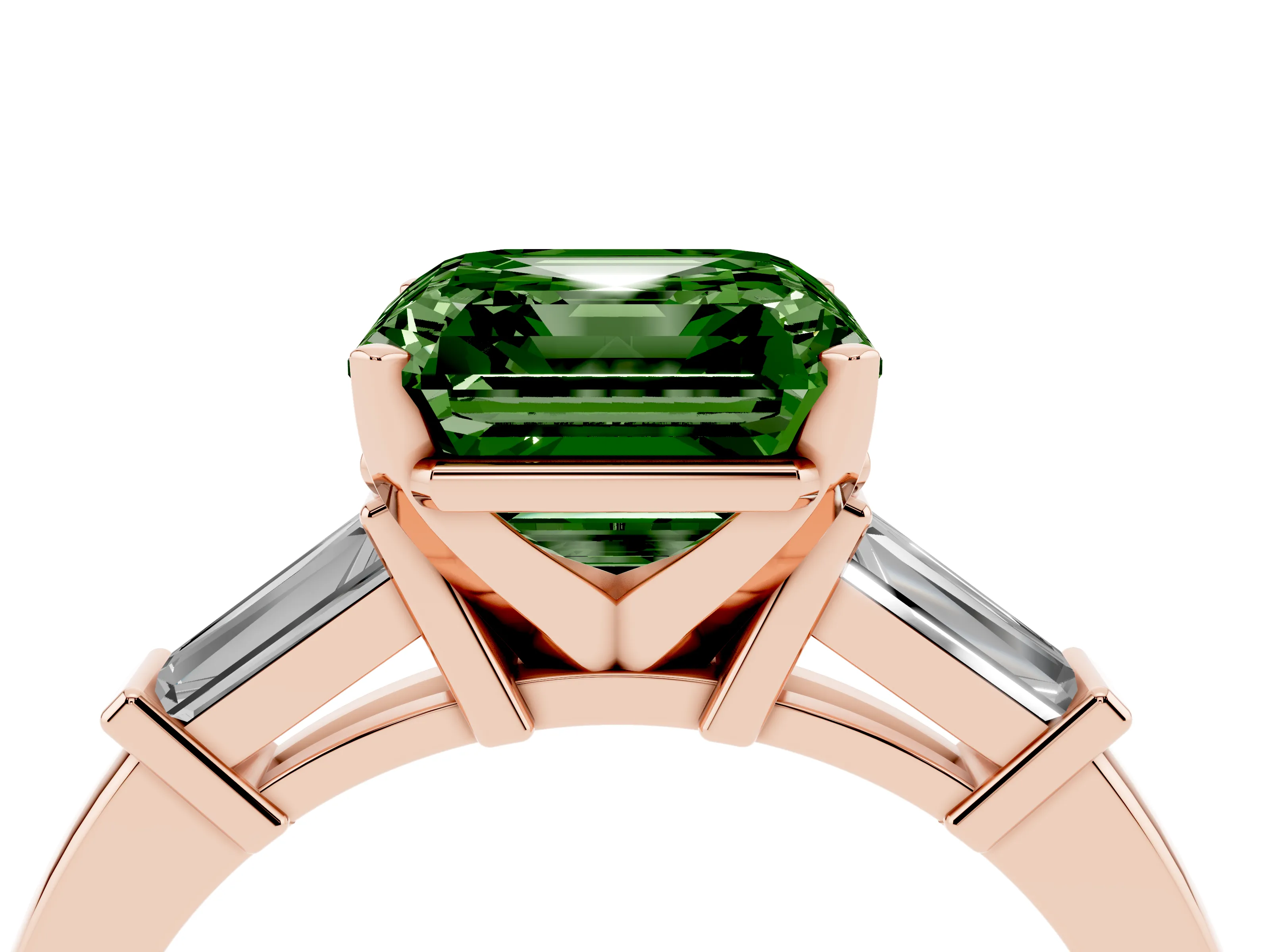 Fancy Green Asscher Cut Diamond Solitaire Ring Set in Rose gold with Tapered Baguette Accents and Prong Setting
