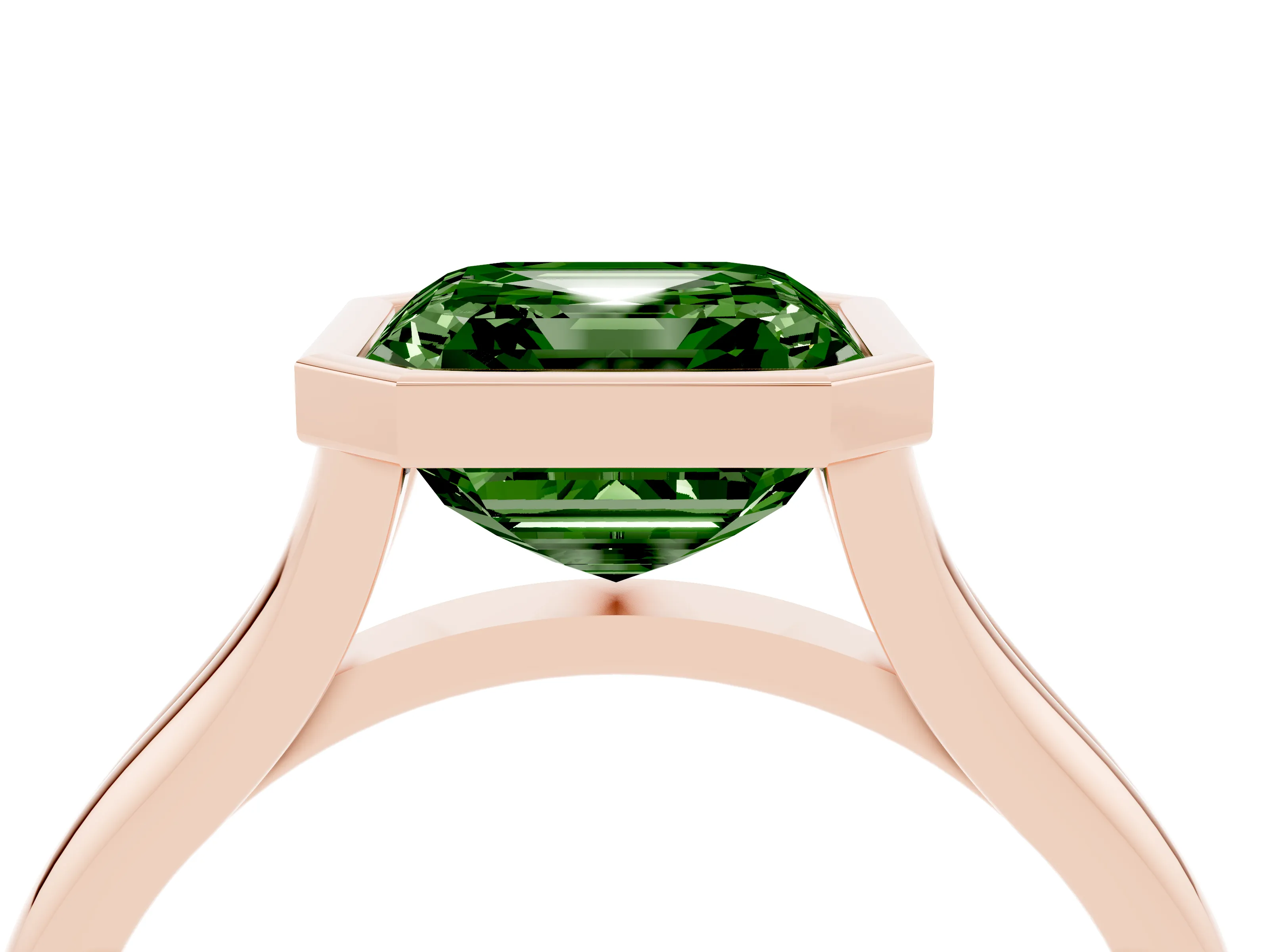 Fancy Green Bezel Set Asscher Cut Diamond Solitaire Ring Set in Rose gold with Tapered Band