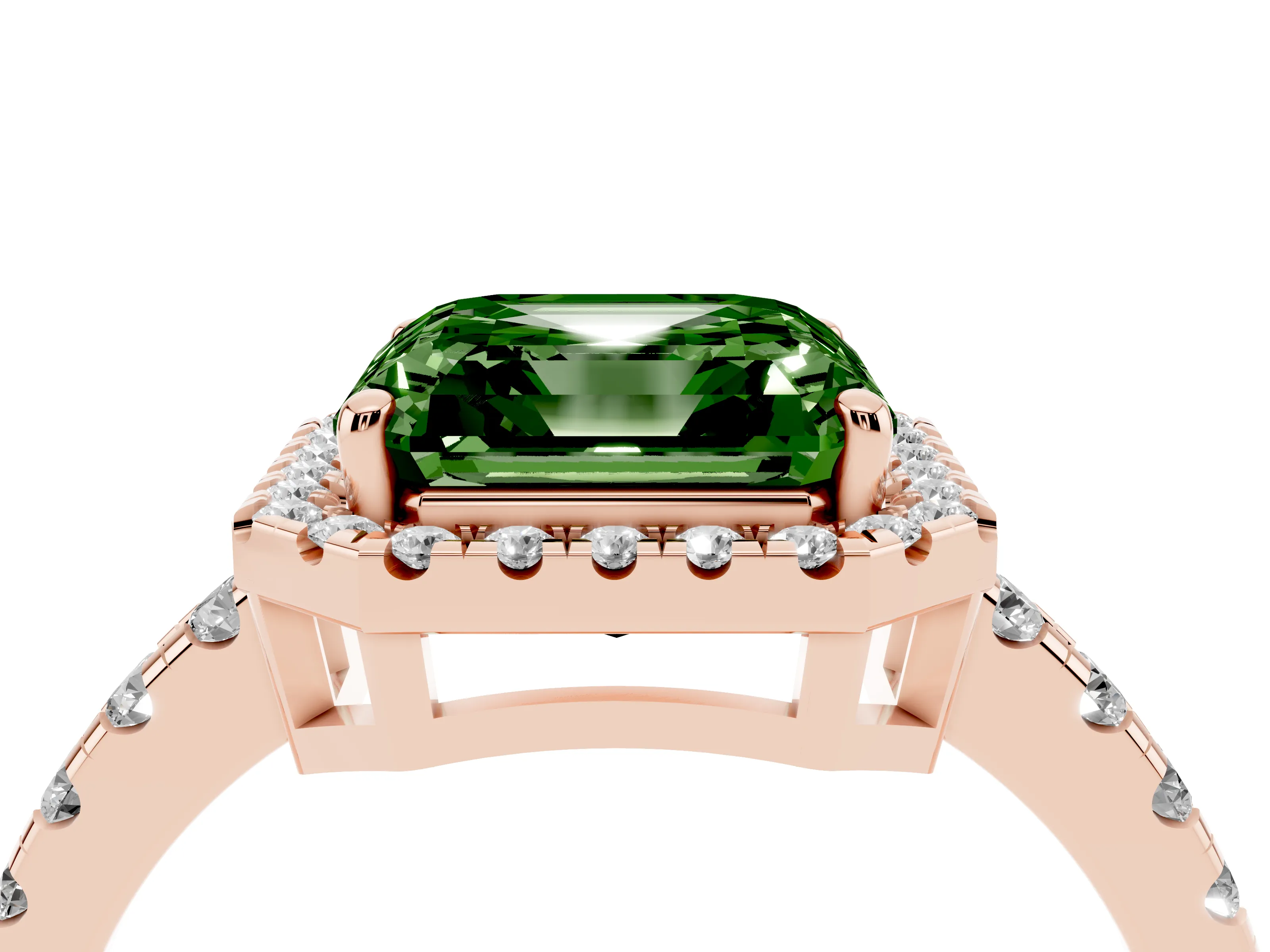 Fancy Green Asscher Cut Diamond Halo Ring Set in Rose gold with Delicate Pavé Band and Prong Setting