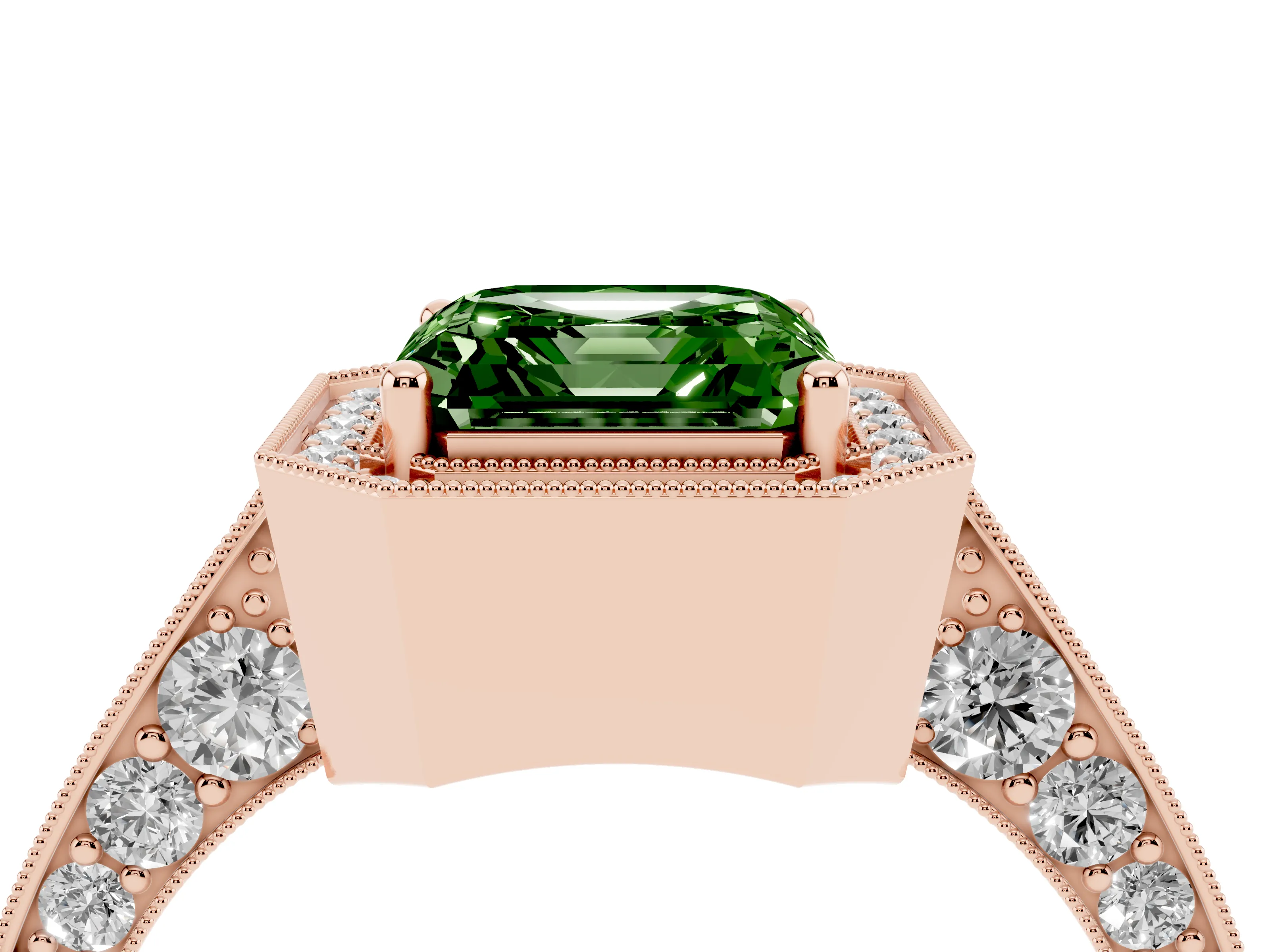 Fancy Green Asscher Cut Diamond Halo Engagement Ring Set in Rose gold with Accent Split Shank Band