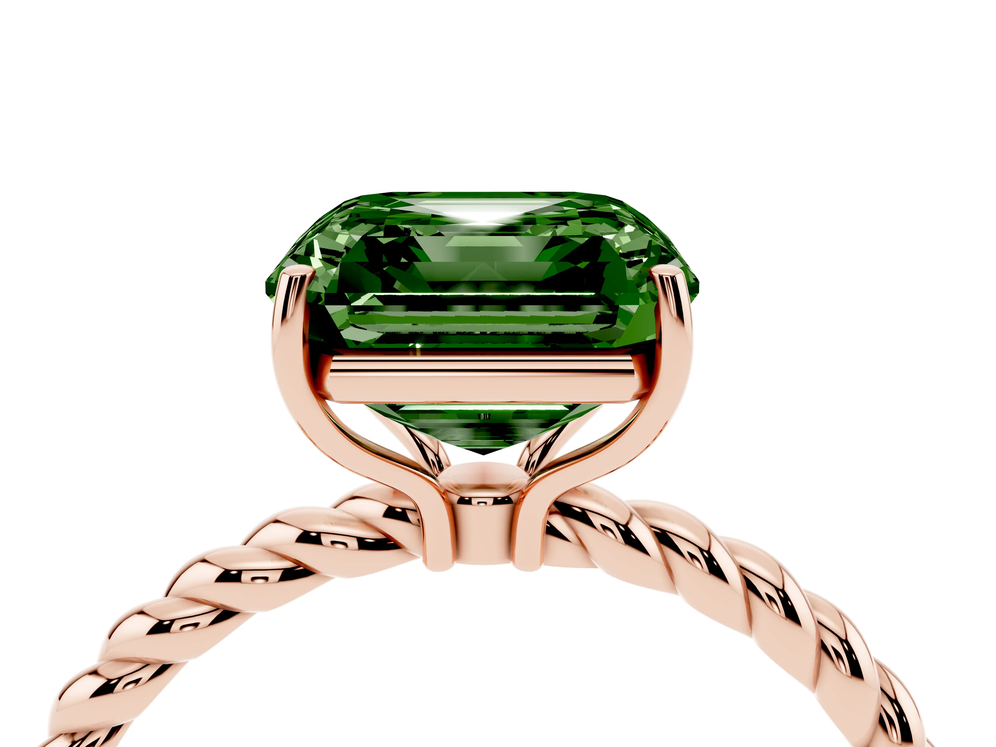 Fancy Green Asscher Cut Diamond Solitaire Ring Set in Rose gold with Twist Band and Prong Setting