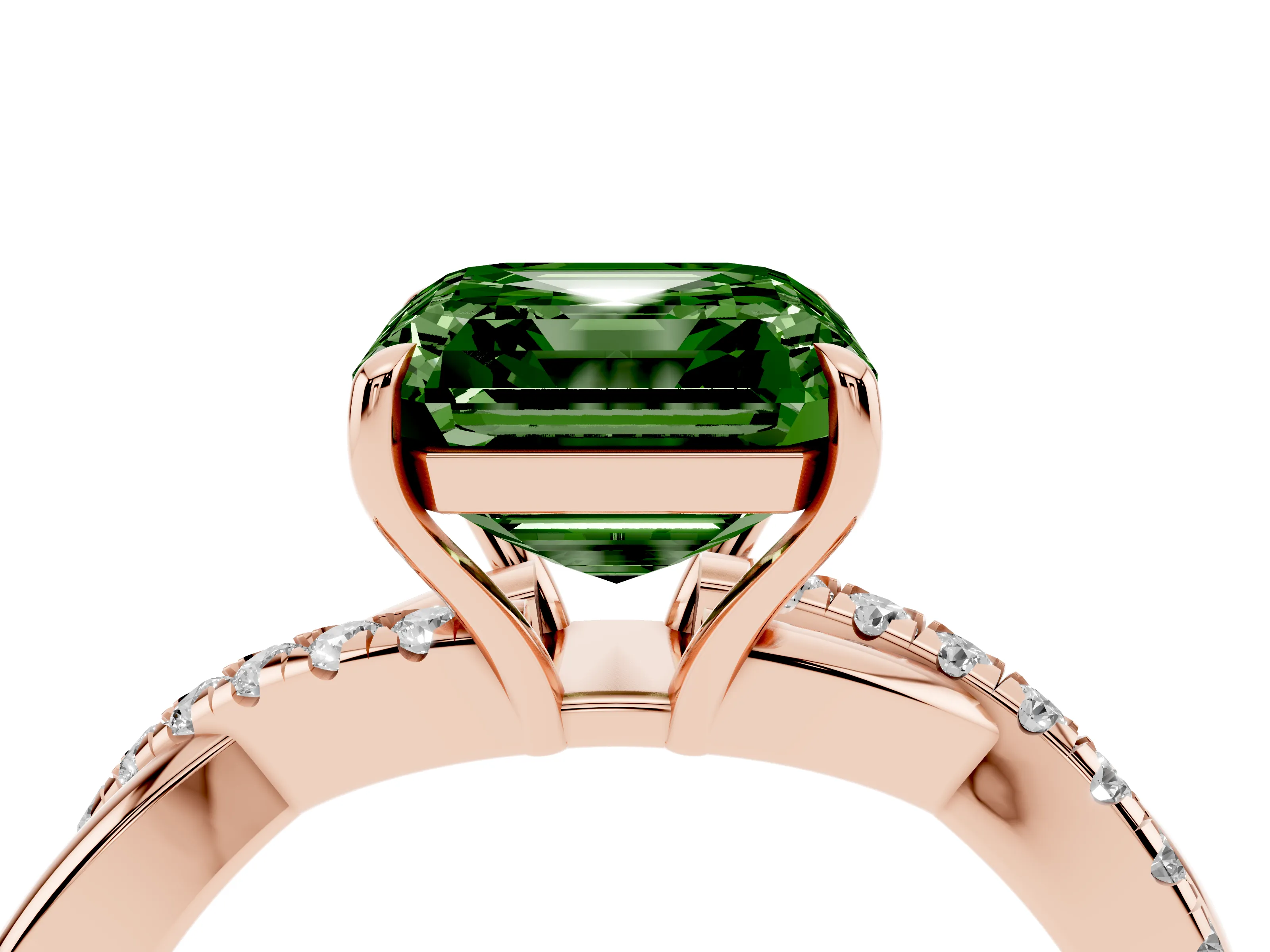 Fancy Green Asscher Cut Diamond Twisted Pavé Band Ring Set in Rose gold with Prong Setting
