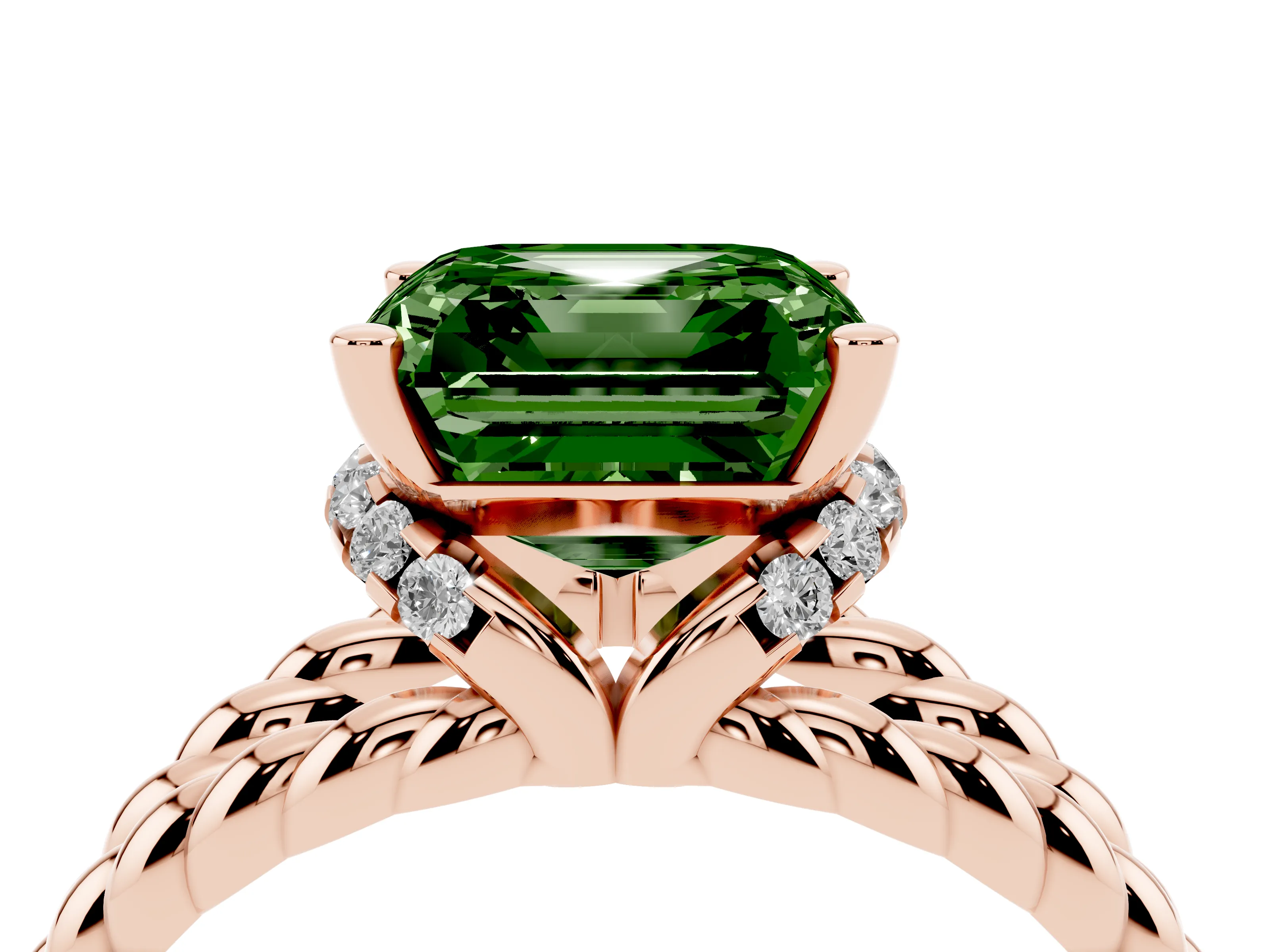 Fancy Green Asscher Cut Diamond Halo Ring Set in Rose gold with Twisted Band and Prong Setting