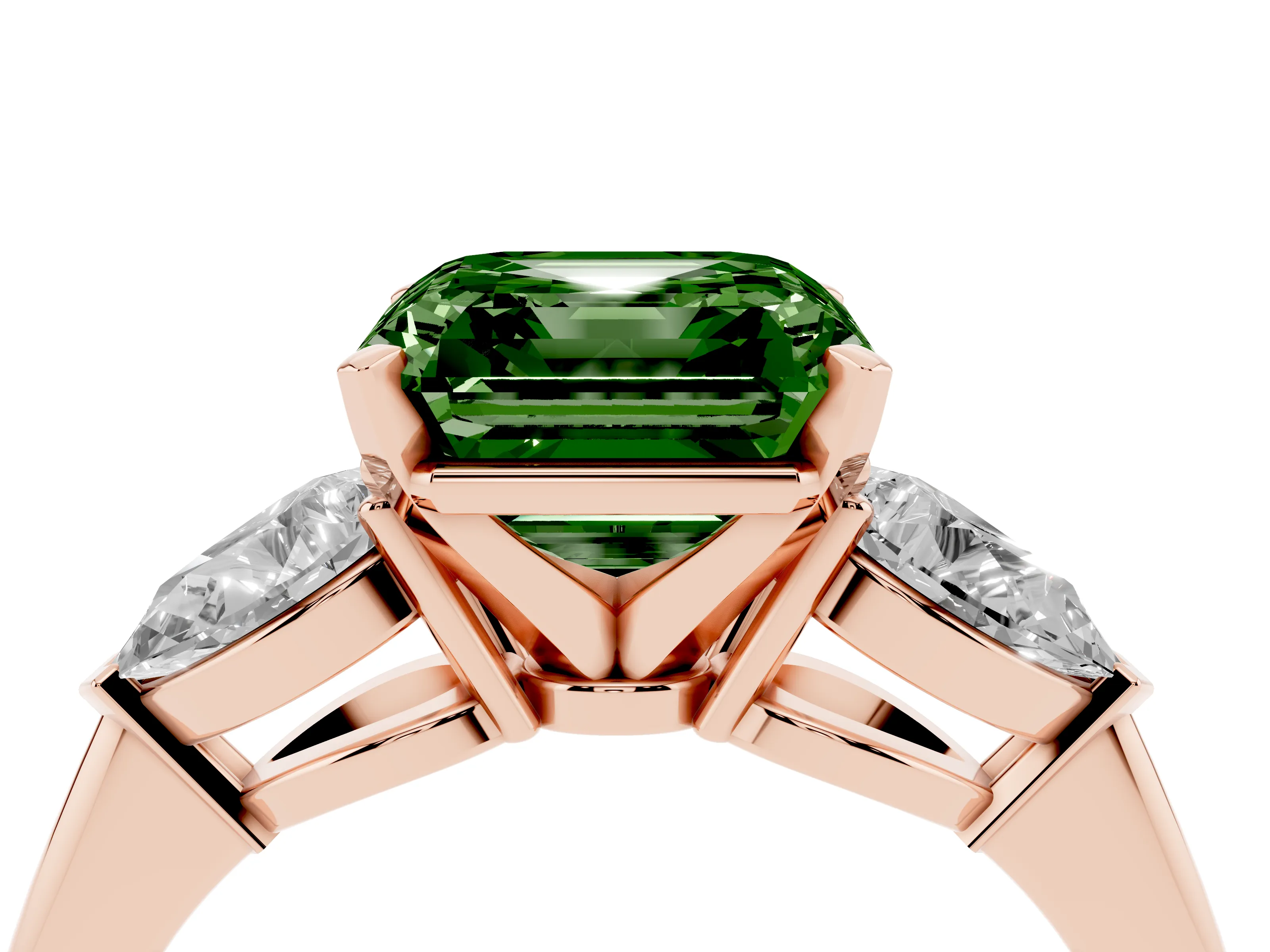 Fancy Green Three-Stone Asscher Cut Diamond Ring Set in Rose gold with Pear Side Stones and Prong Setting