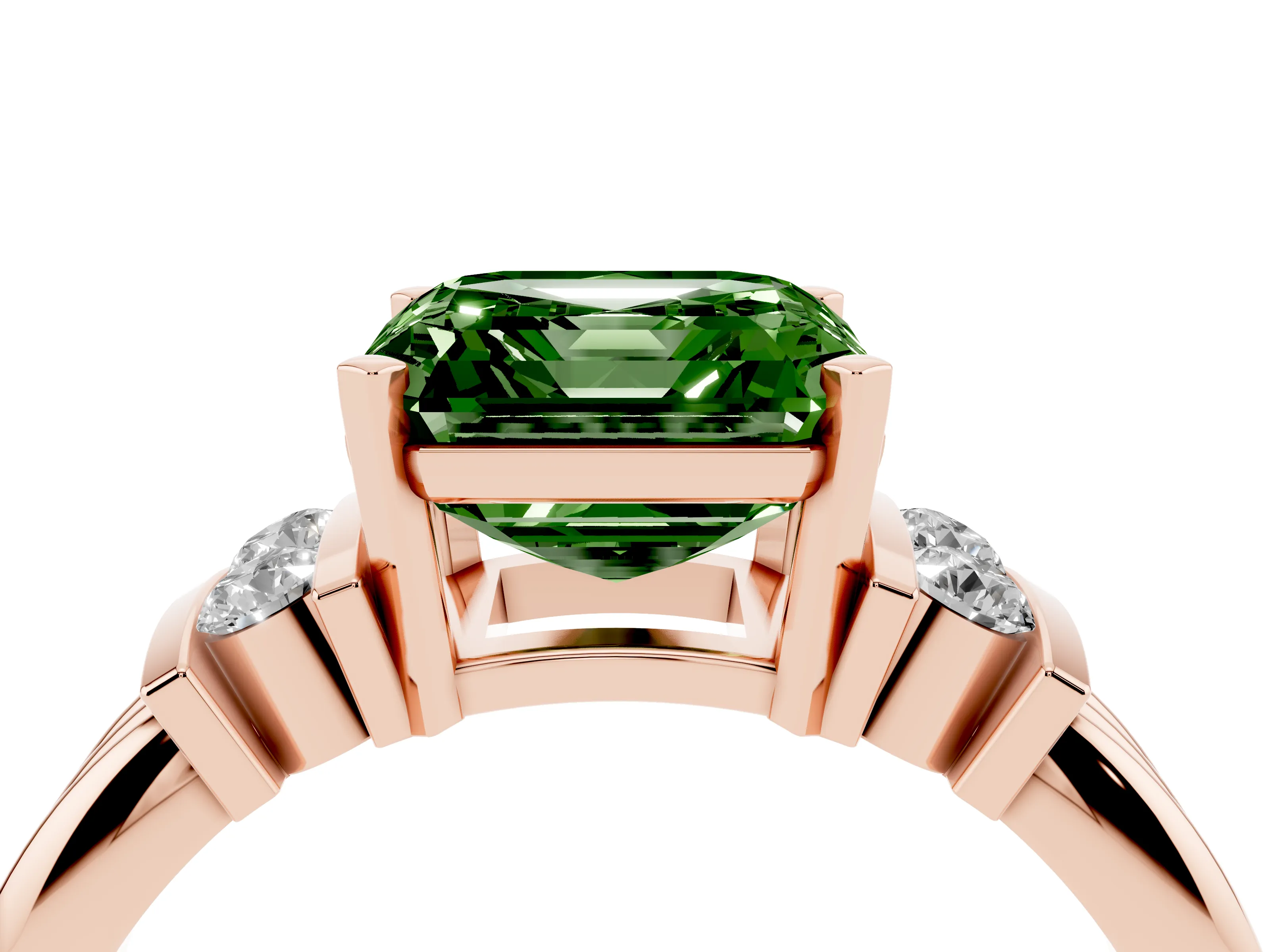 Fancy Green Three-Stone Asscher Cut Diamond Channel Set Ring Set in Rose gold with Bar Prongs
