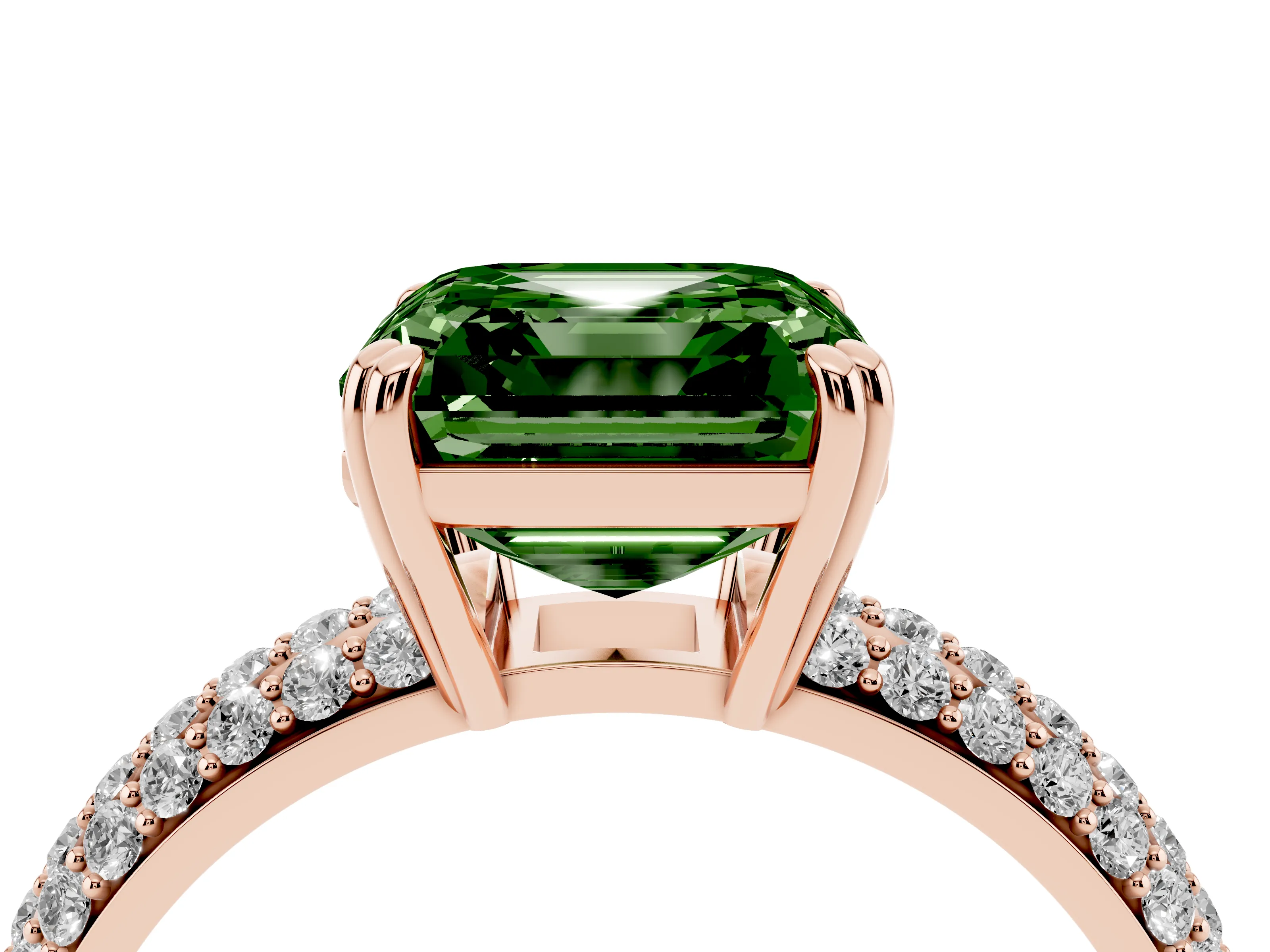 Fancy Green Asscher Cut Diamond Solitaire Ring Set in Rose gold with Multi-Row Round Pavé Band and Prong Setting