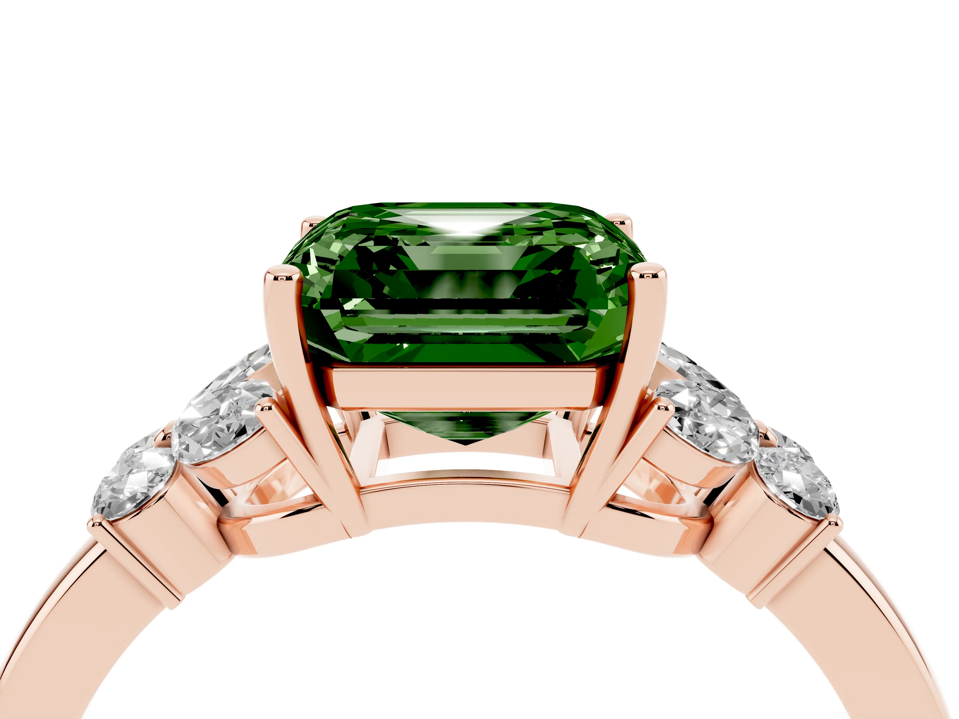 Fancy Green Asscher Cut Diamond Solitaire Floral Ring Set in Rose gold with Marquise Petals and Prong Setting