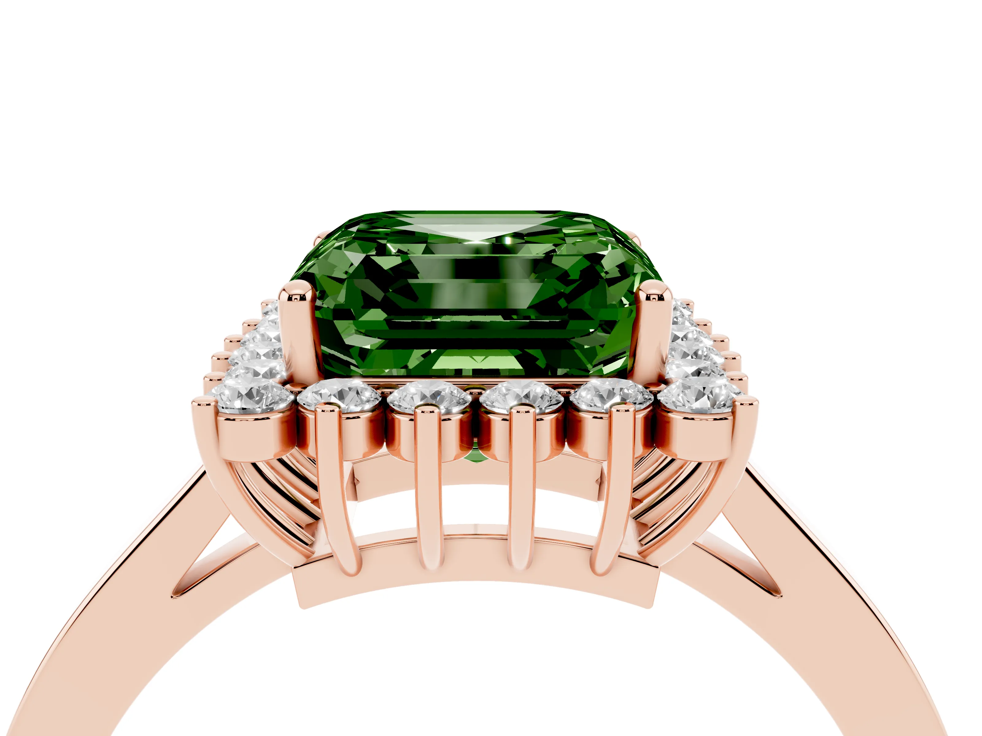 Fancy Green Asscher Cut Diamond Halo Ring Set in Rose gold with Round Halo and Smooth Solitaire Band
