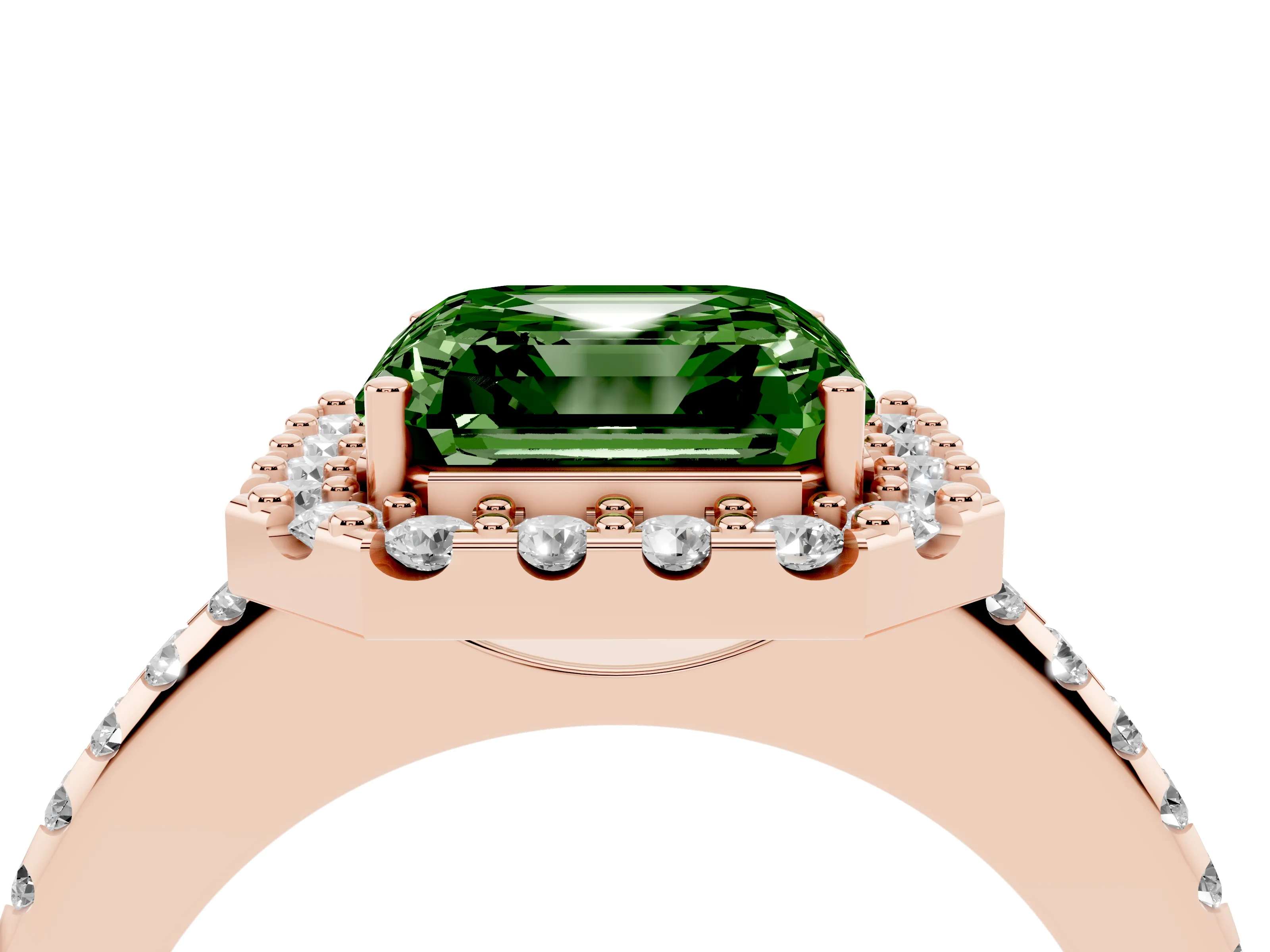 Fancy Green Asscher Cut Diamond Pavé Halo Ring Set in Rose gold with Prong Setting