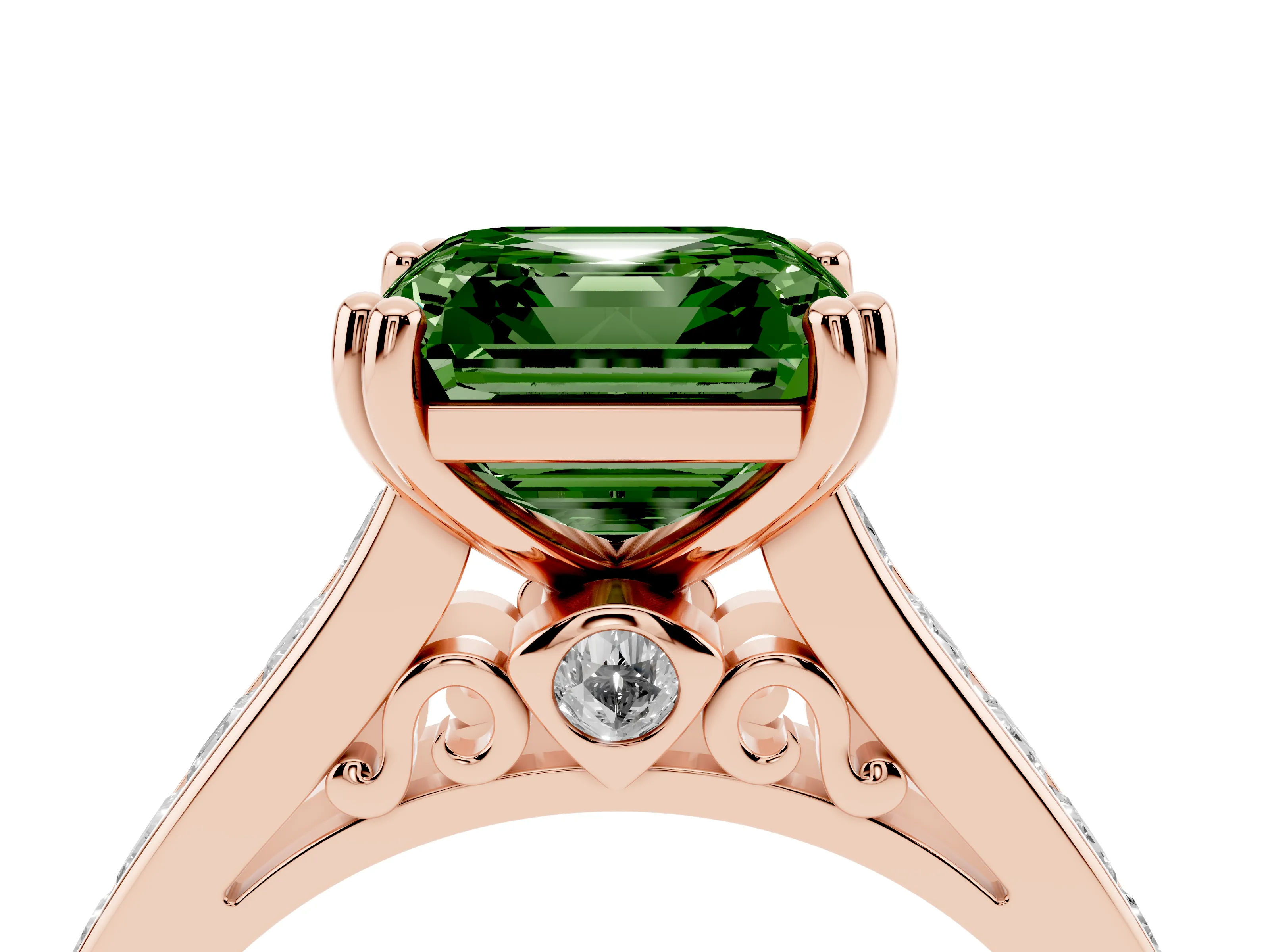 Fancy Green Asscher Cut Diamond Channel Set Solitaire Engagement Ring Set in Rose gold with Prong Setting
