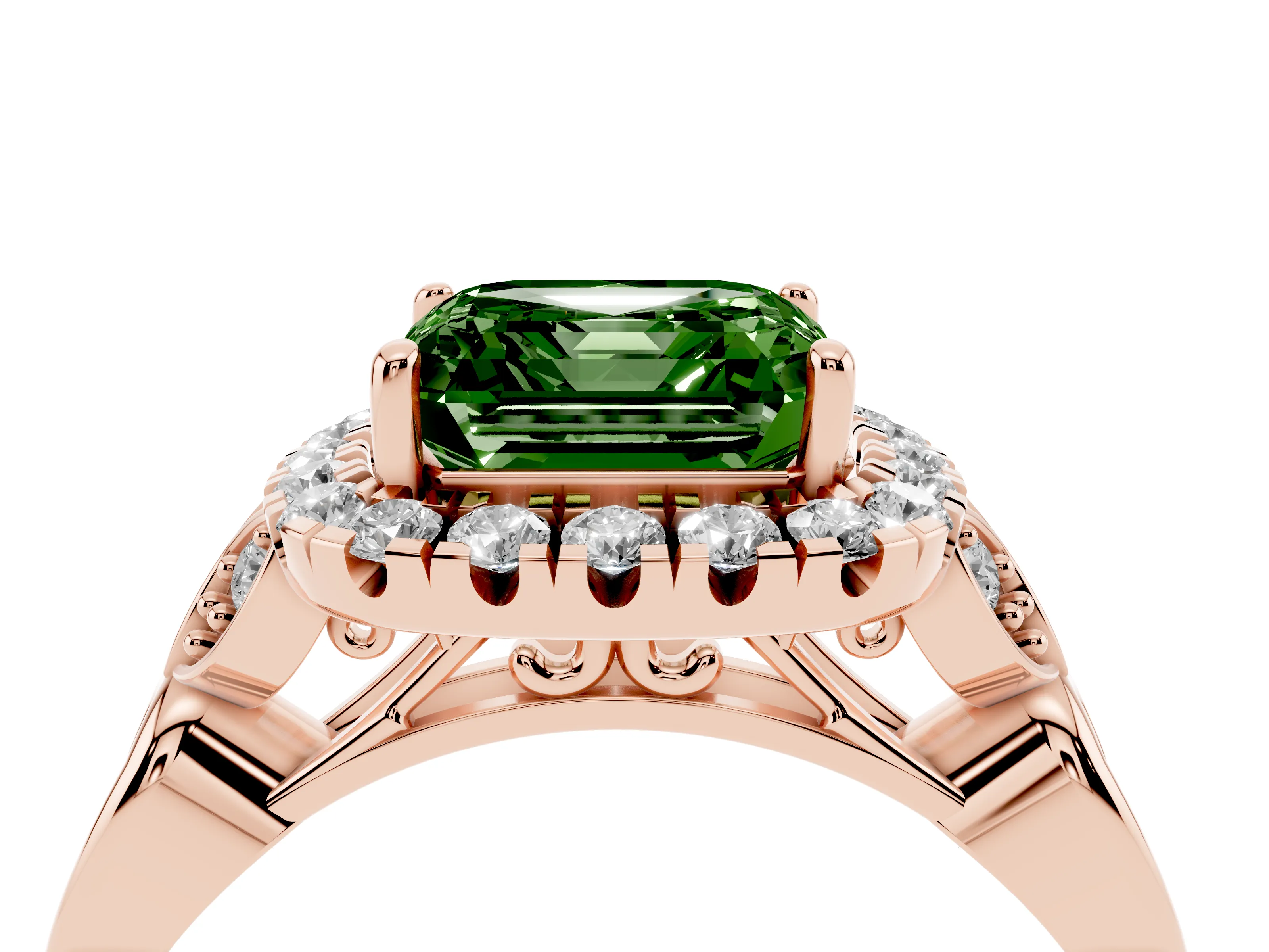 Fancy Green Asscher Cut Diamond Halo Engagement Ring Set in Rose gold with Vintage-Inspired Band and Prong Setting