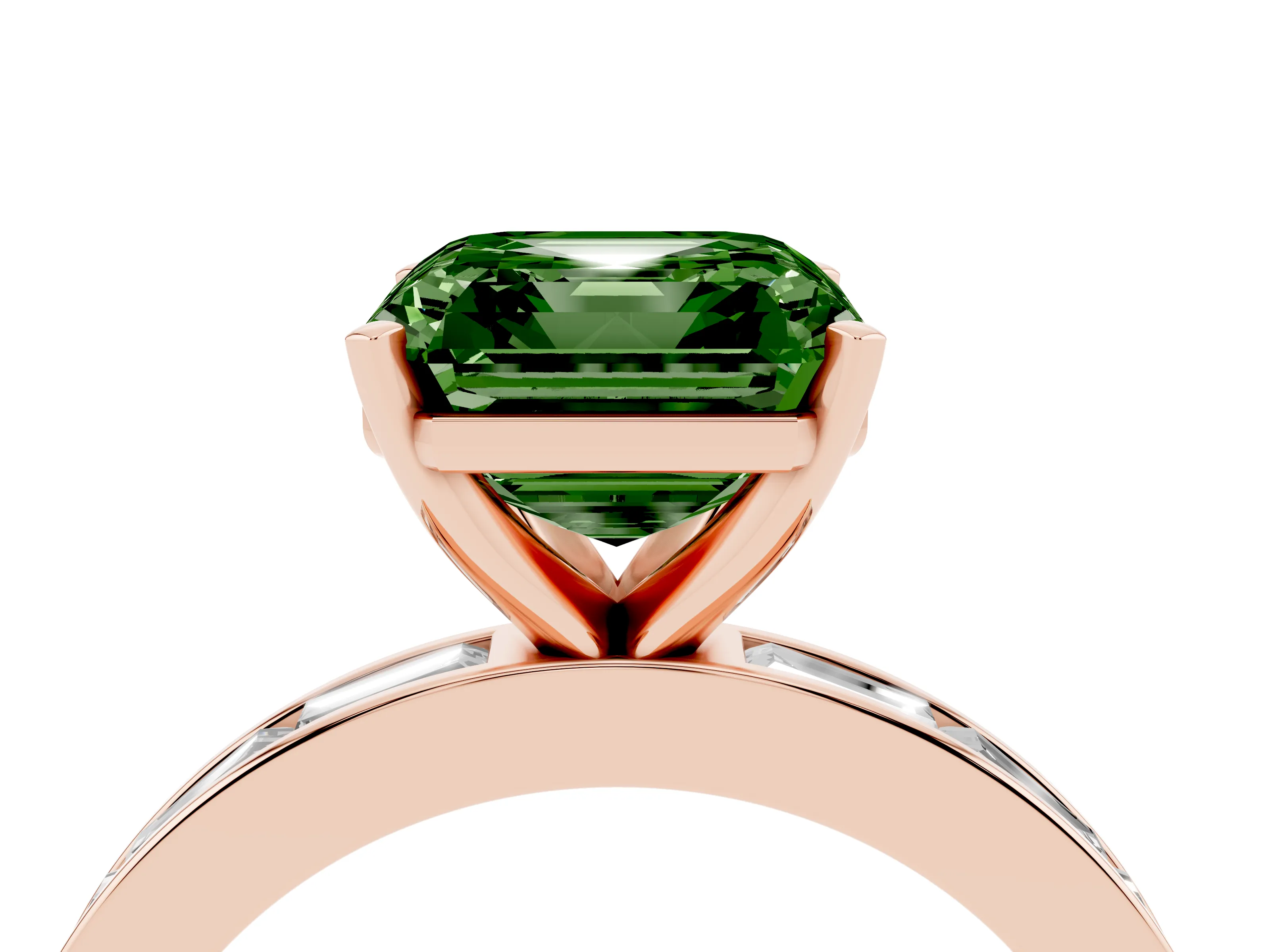 Fancy Green Asscher Cut Diamond Solitaire Ring Set in Rose gold with Channel-Set Baguette Band and Prong Setting