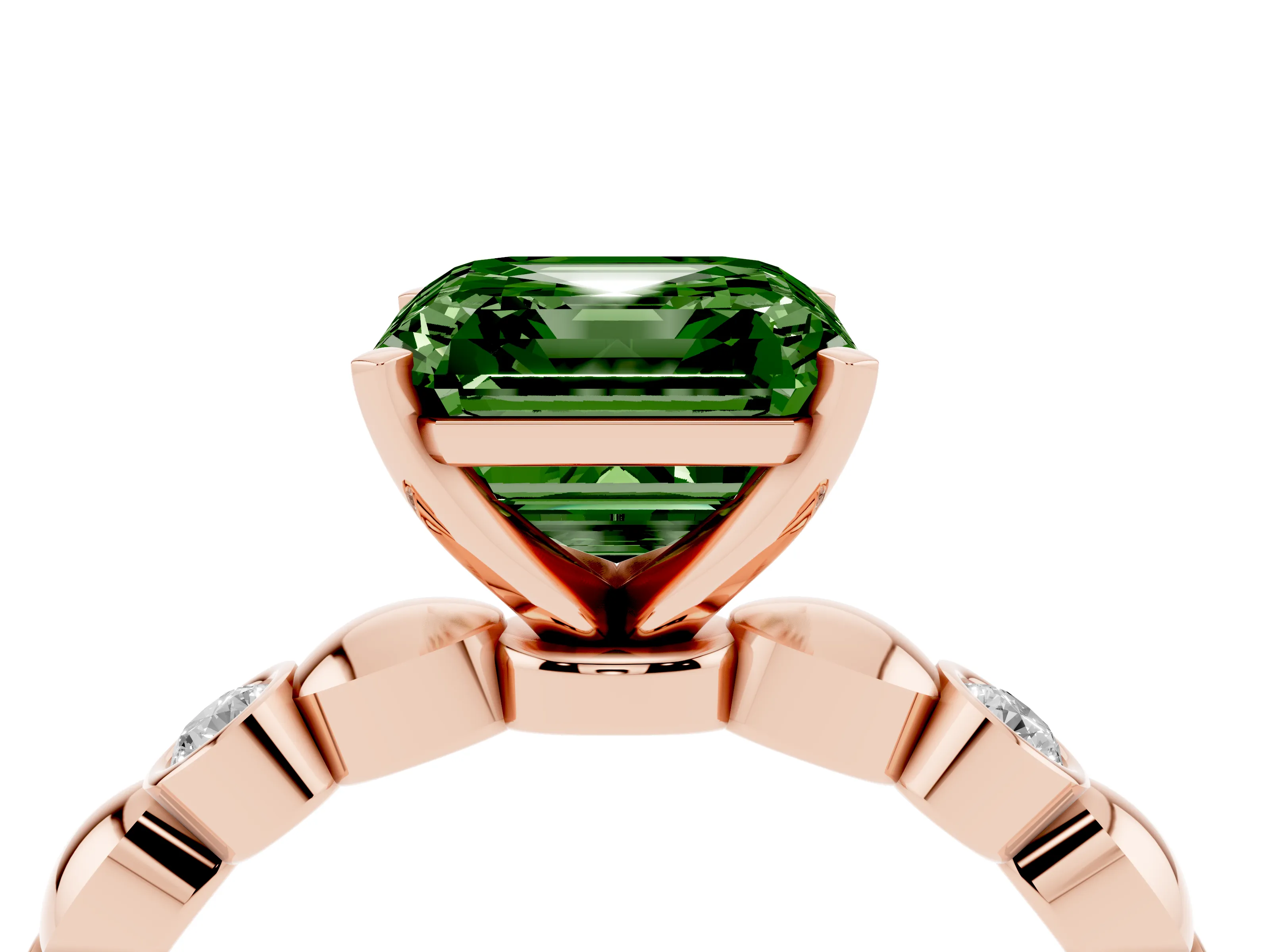 Fancy Green Asscher Cut Diamond Solitaire Ring Set in Rose gold with Bezel-Set Accents on Beaded Band and Prong Setting