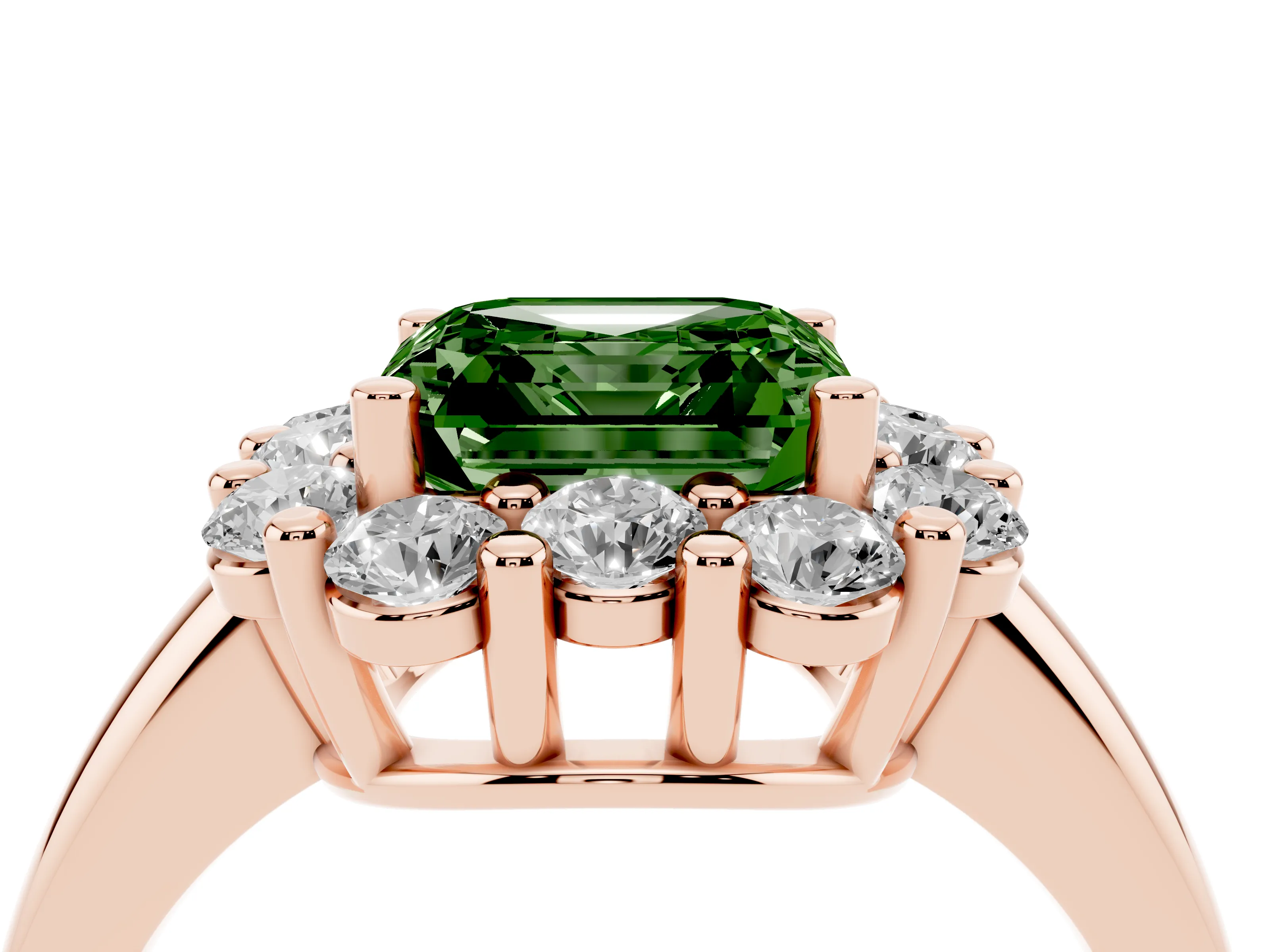 Fancy Green Asscher Cut Diamond Halo Cluster Engagement Ring Set in Rose gold with Polished Band and Prong Setting