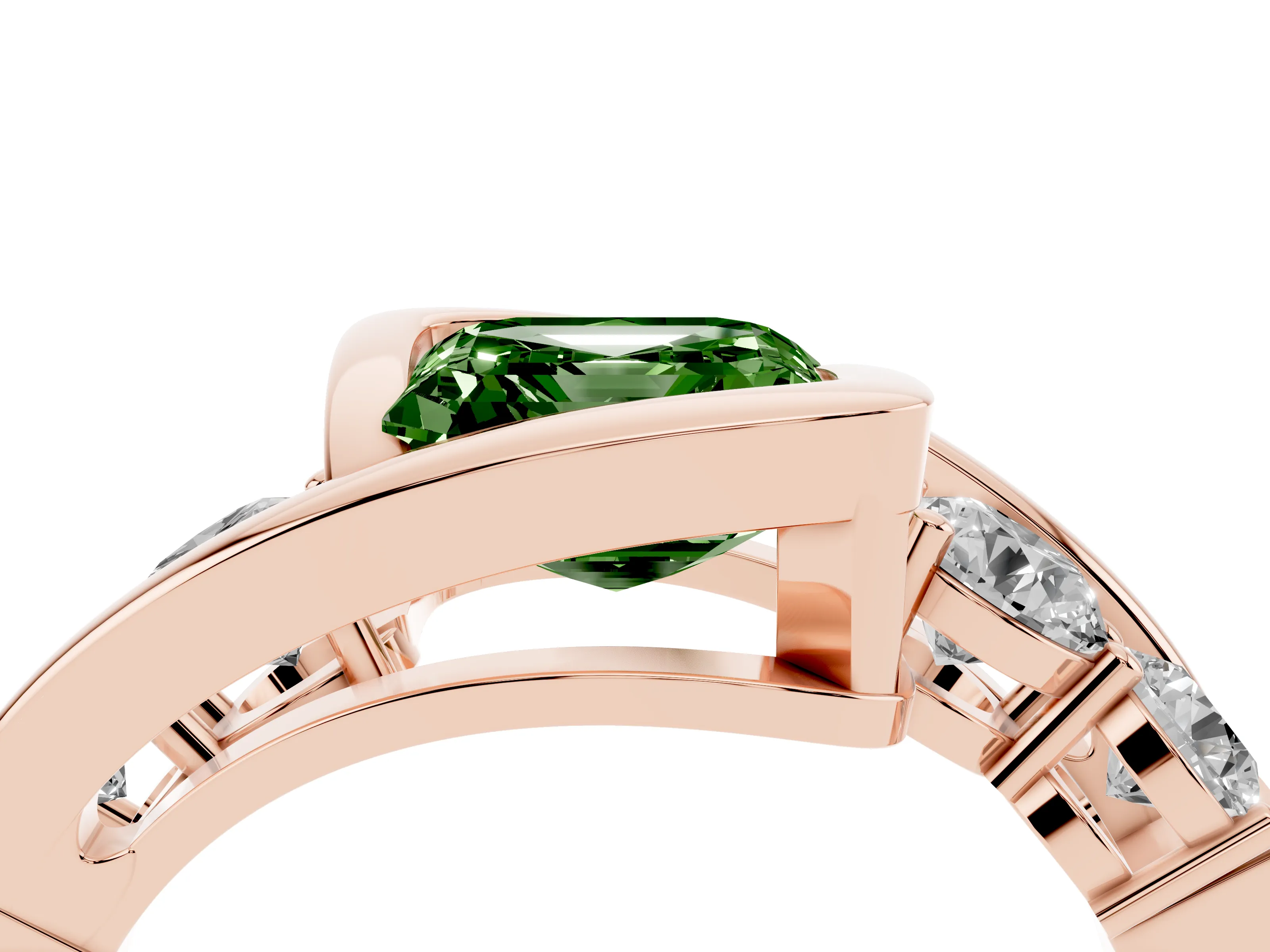 Fancy Green Asscher Cut Diamond Bezel Bypass Ring Set in Rose gold with Round Accents