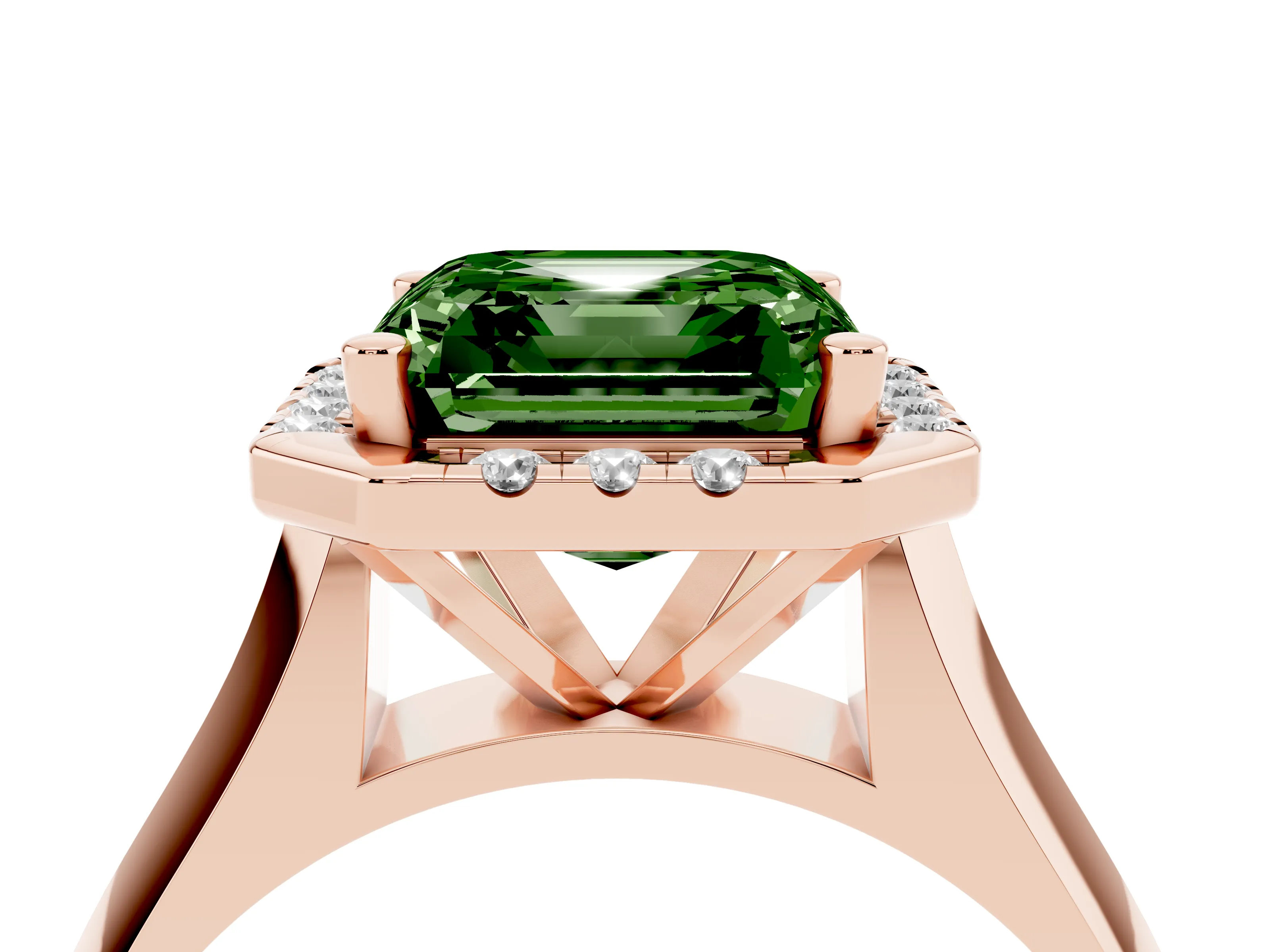 Fancy Green Asscher Cut Diamond Halo Solitaire Engagement Ring Set in Rose gold with Square Band and Prong Setting