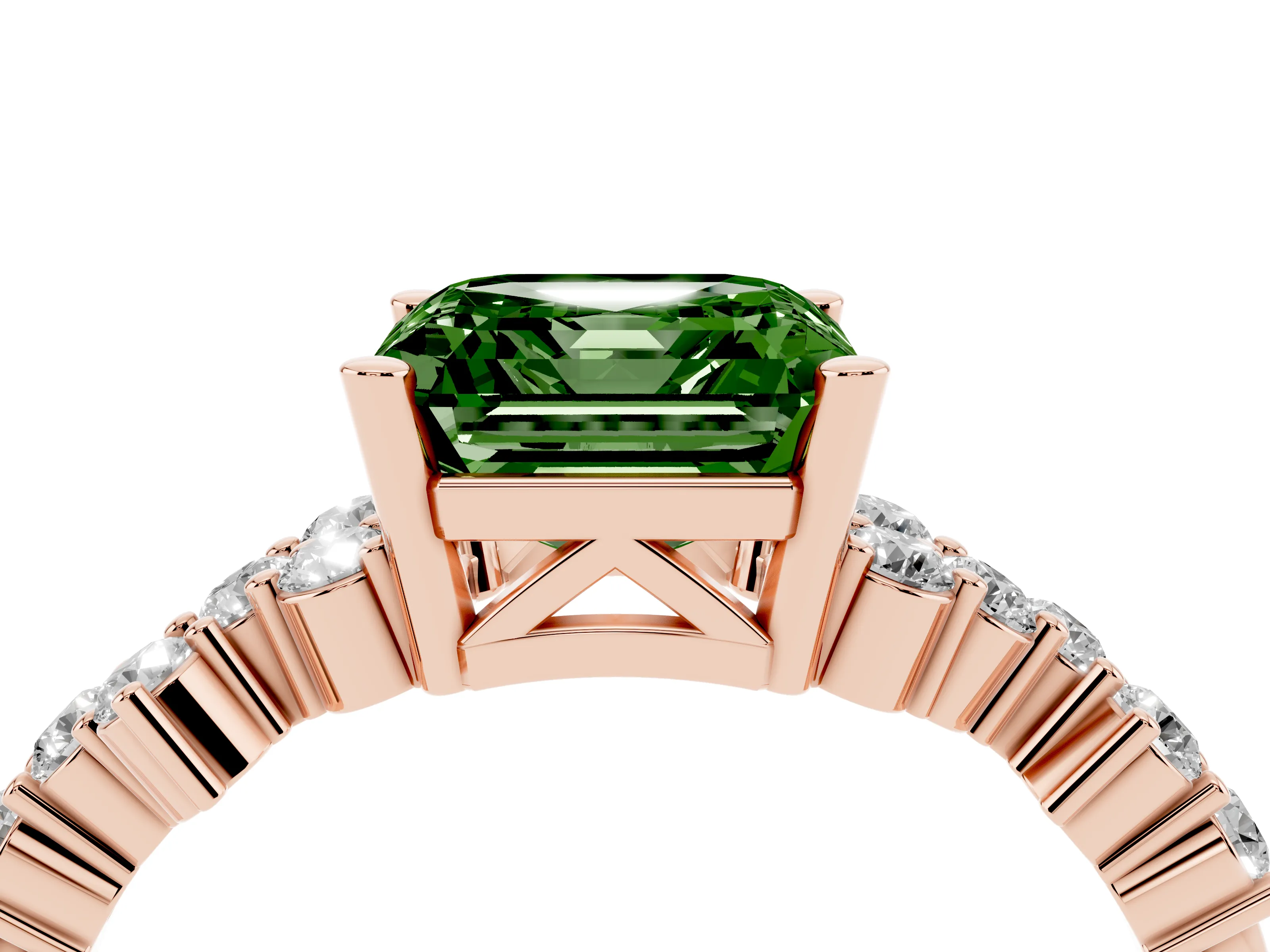 Fancy Green Asscher Cut Diamond Ring Set in Rose gold with Scattered Round Accents