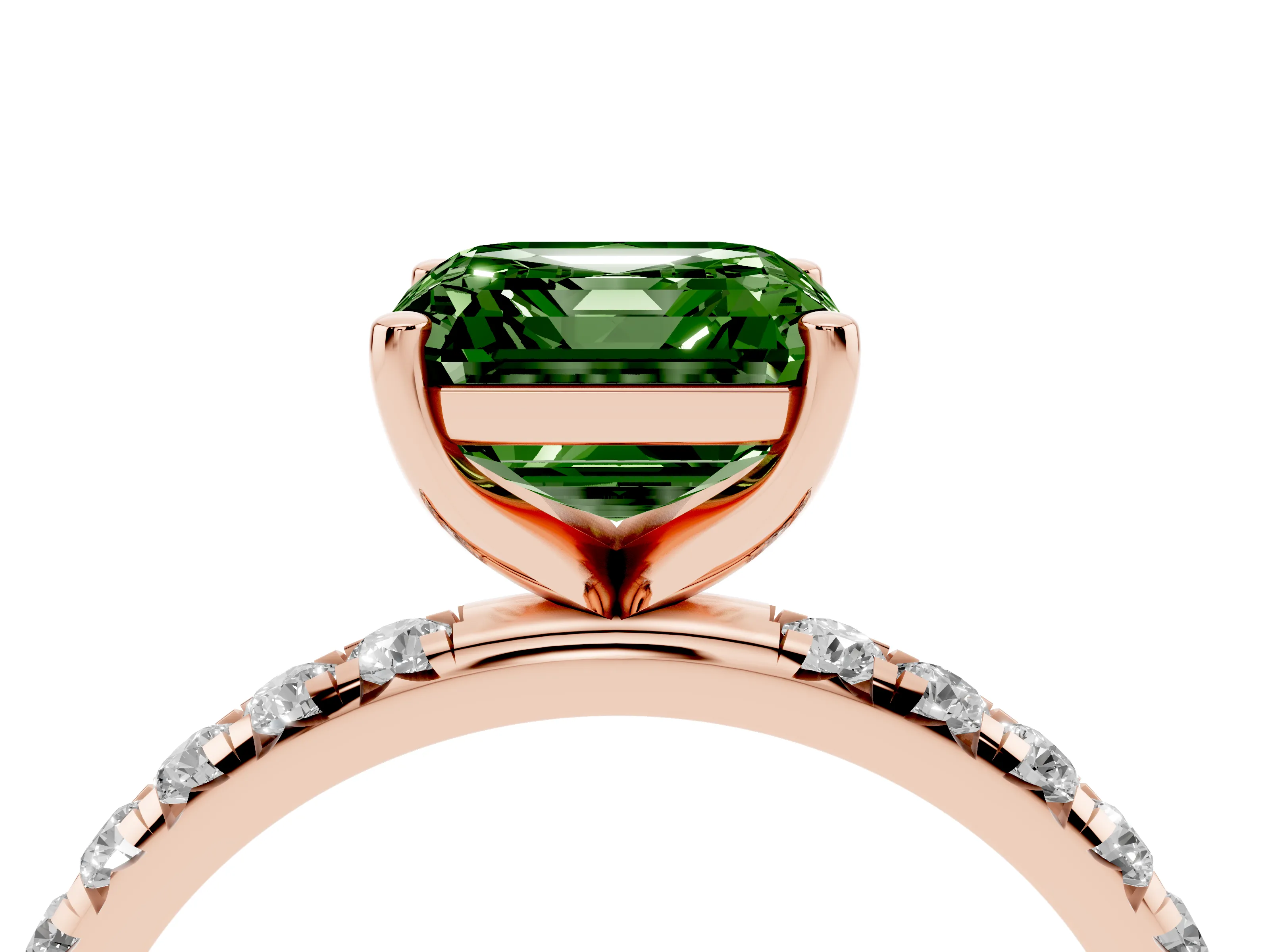 Fancy Green Asscher Cut Diamond Solitaire Ring Set in Rose gold with Micro Pavé Band and Prong Setting