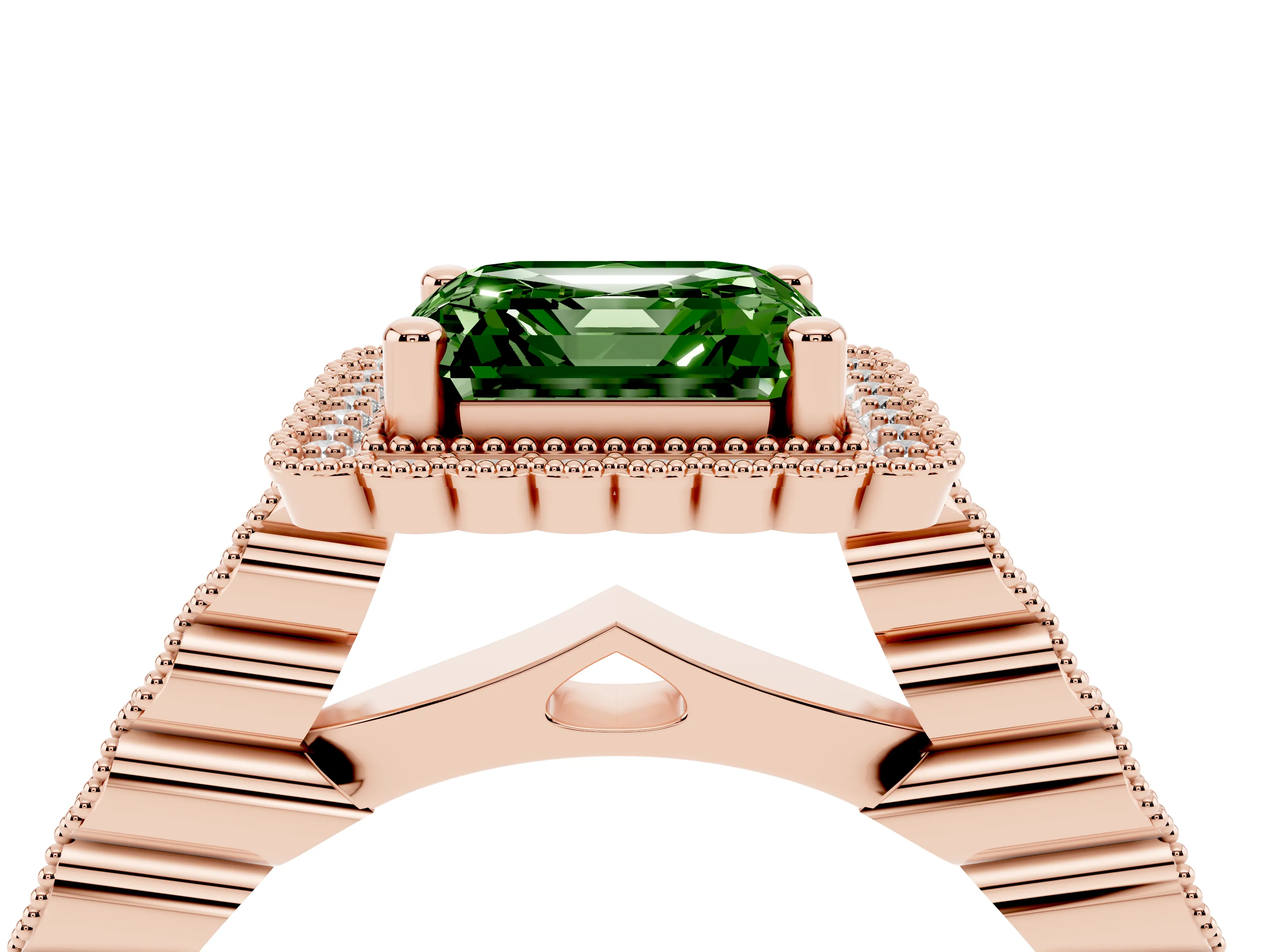 Fancy Green Asscher Cut Diamond Halo Ring Set in Rose gold with Pavé Milgrain Band