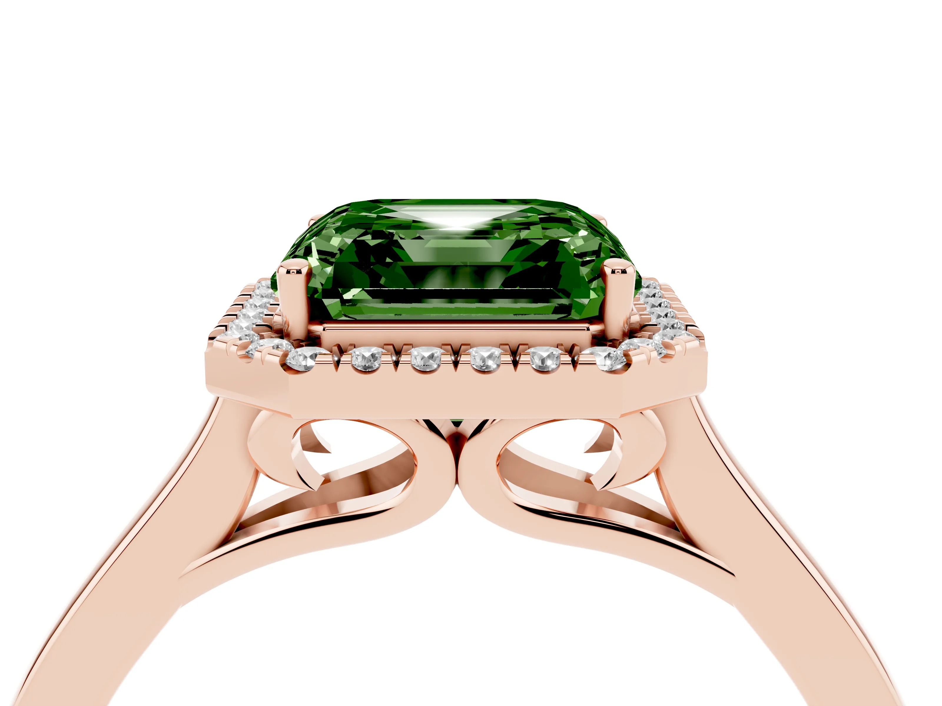 Fancy Green Asscher Cut Halo Round Diamond Solitaire Ring Set in Rose gold with Pavé Band and Prong Setting