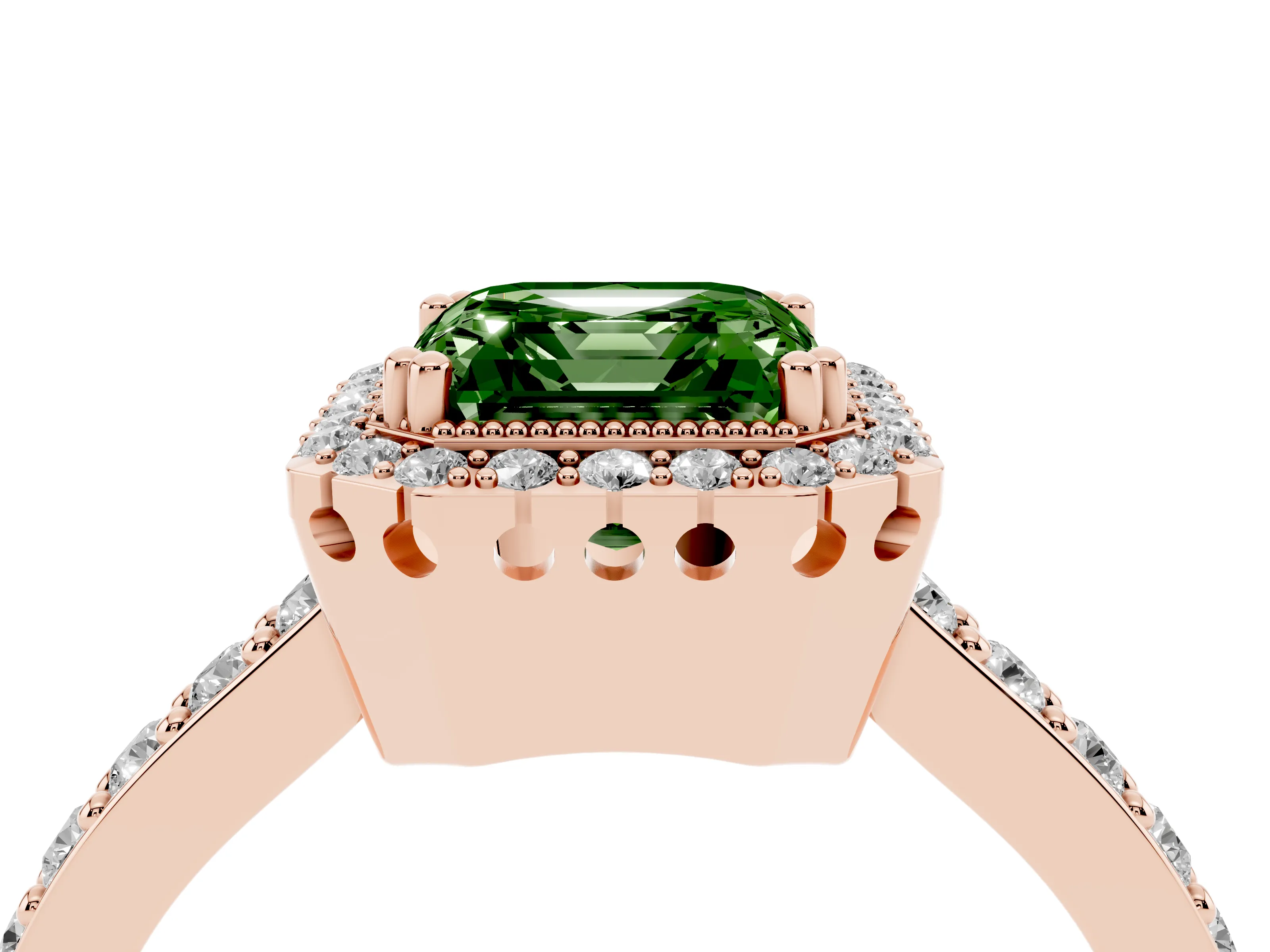 Fancy Green Asscher Cut Diamond Halo Engagement Ring Set in Rose gold with Milgrain Detail and Pavé Band