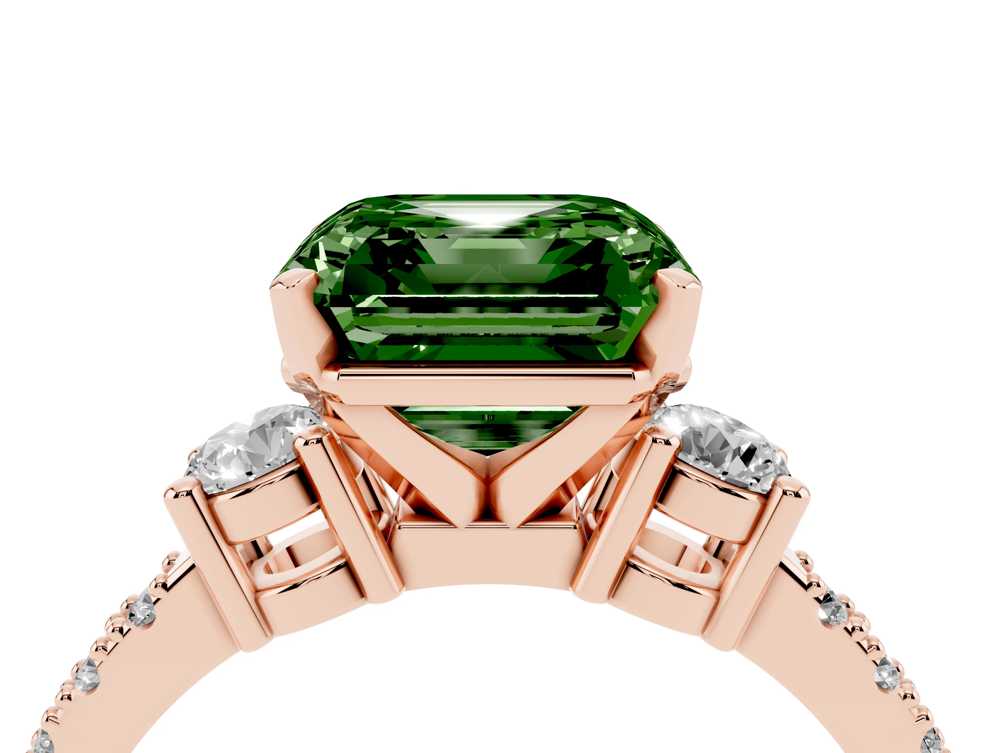 Fancy Green Three-Stone Asscher Cut Diamond Pavé Band Ring Set in Rose gold with Prong Setting