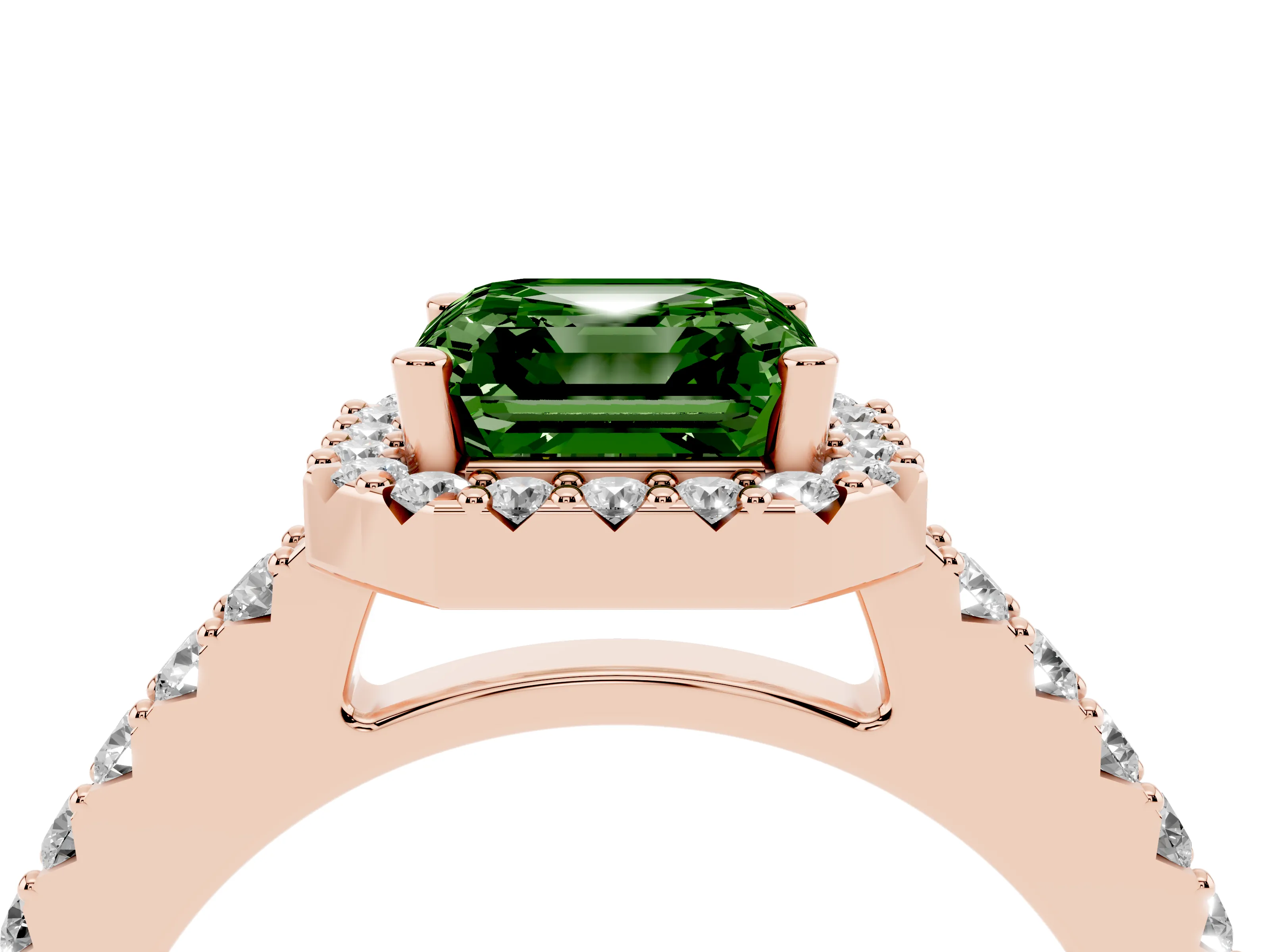 Fancy Green Asscher Cut Diamond Halo Pavé Solitaire Ring Set in Rose gold with Prong-Set Center Stone