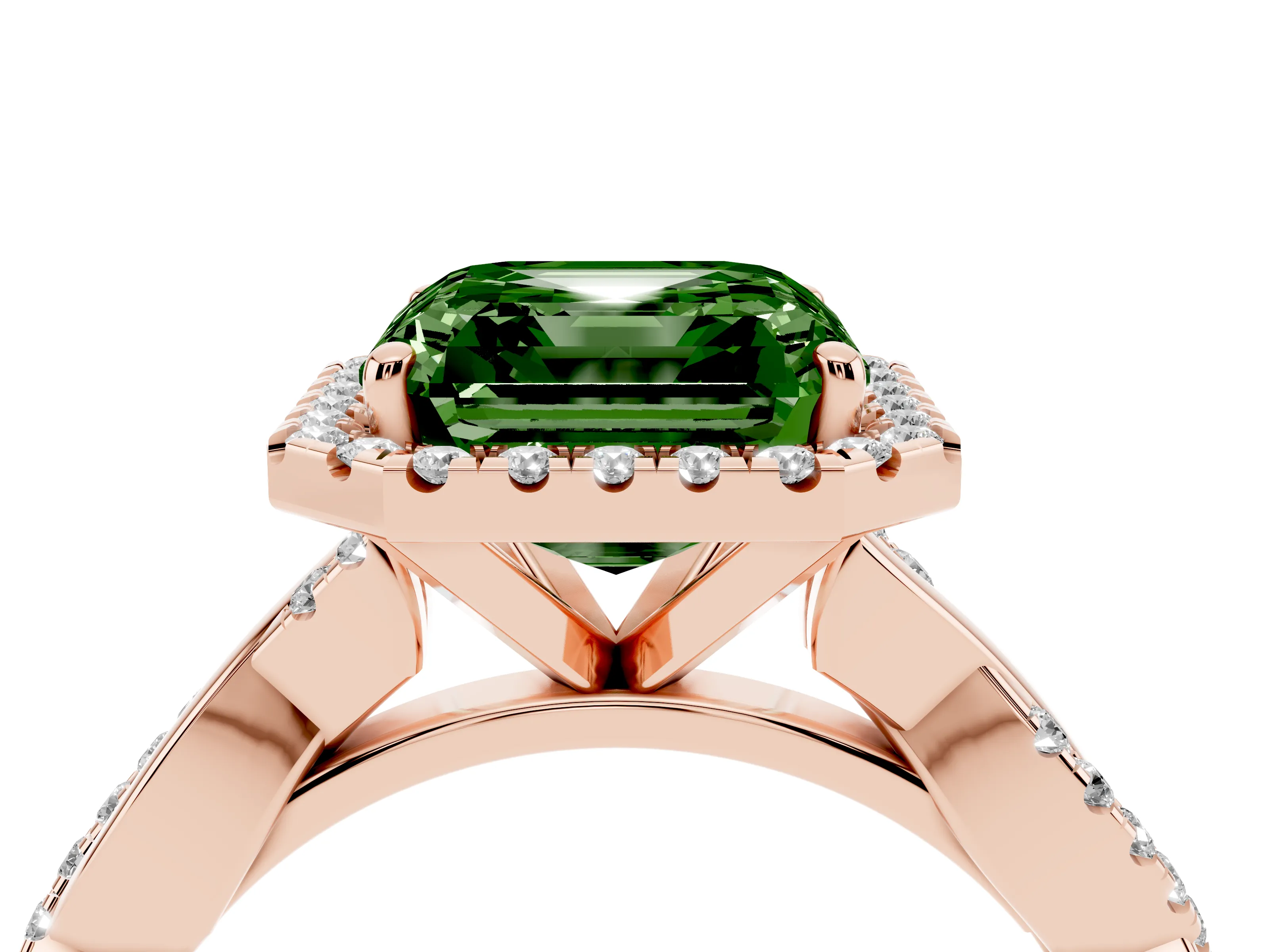 Fancy Green Asscher Cut Diamond Halo Twisted Band Ring Set in Rose gold with Prong Setting