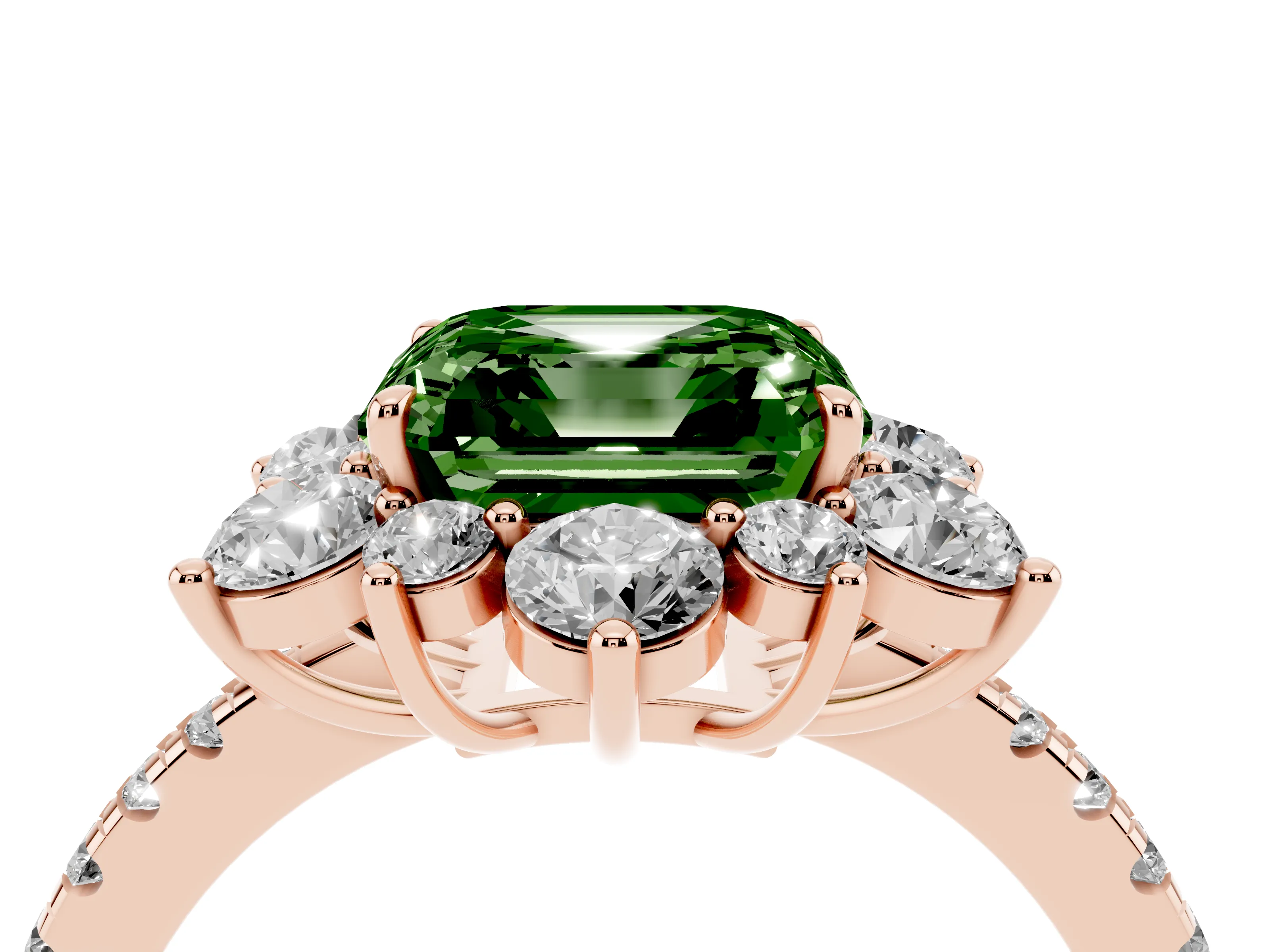 Fancy Green Asscher Cut Diamond Floral Halo Ring Set in Rose gold with Round Pavé Band and Prong Setting