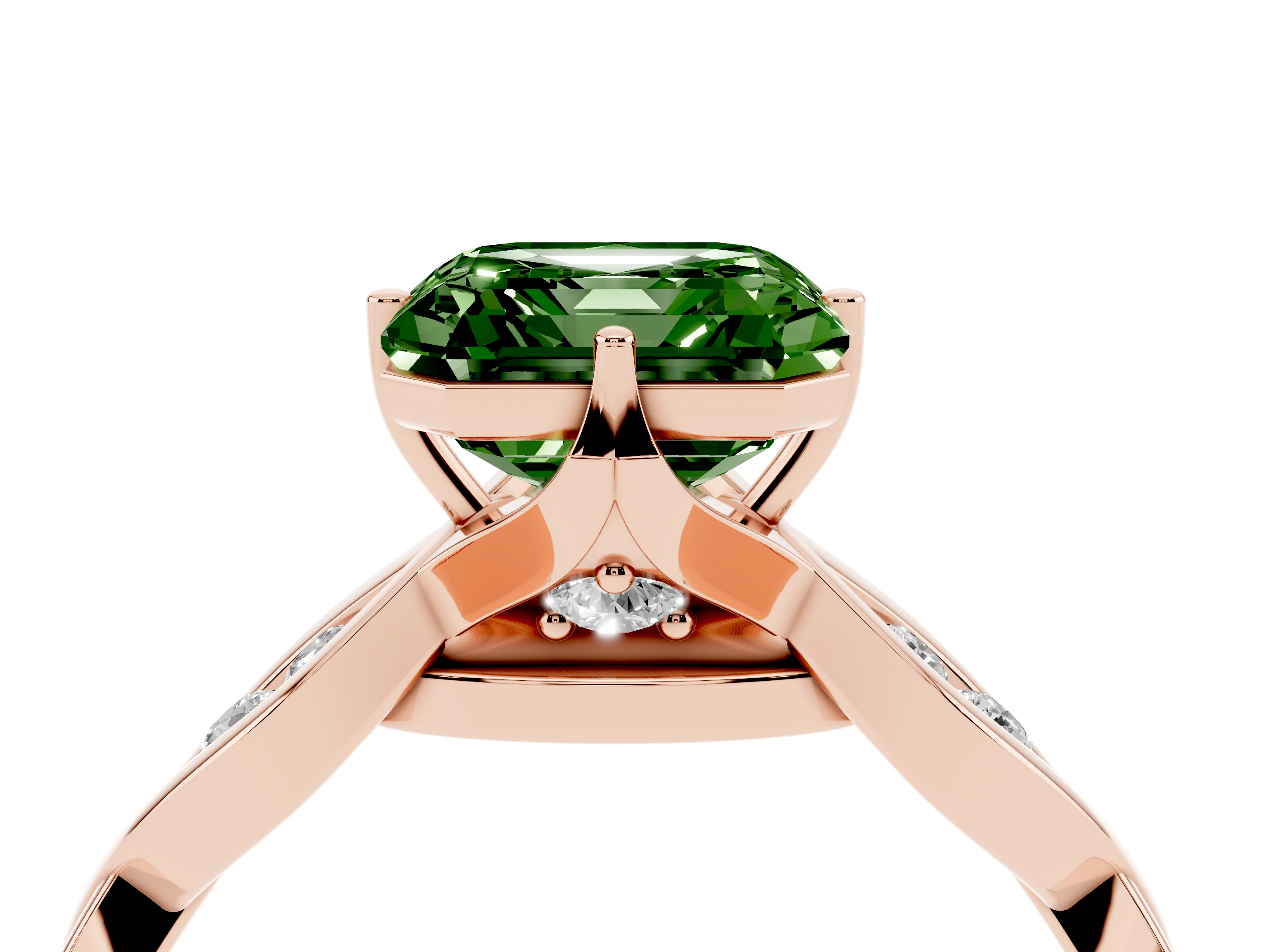 Fancy Green Asscher Cut Diamond Twist Band Solitaire Ring Set in Rose gold with Leaf Prong Setting and Accent Stones