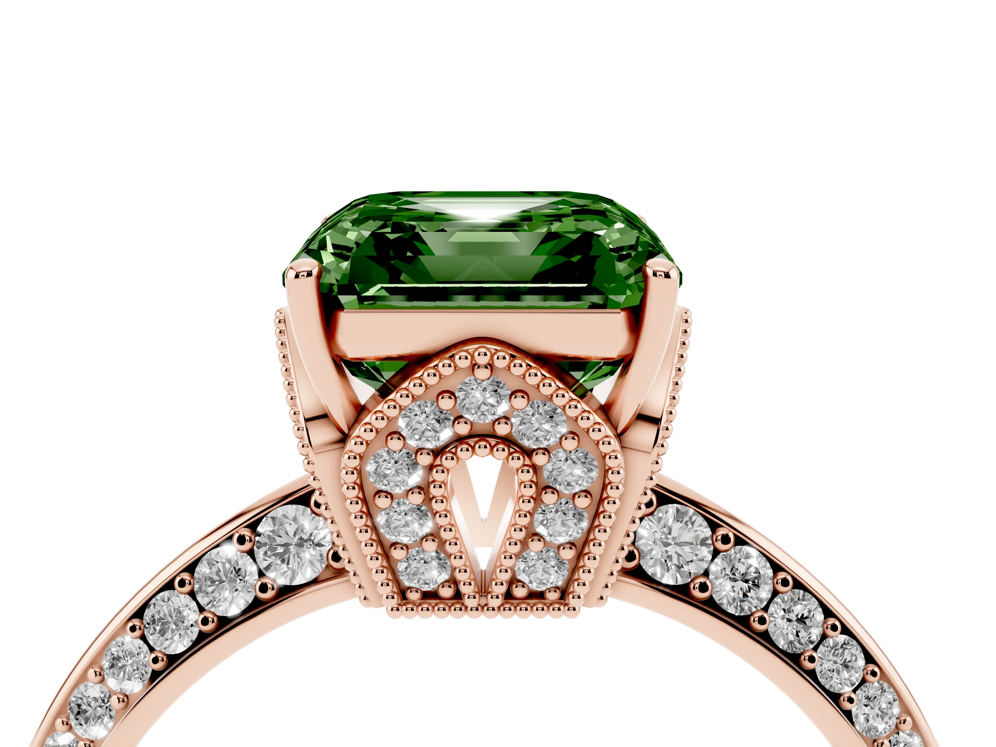 Fancy Green Asscher Cut Diamond Solitaire Engagement Ring Set in Rose gold with Pavé Split Shank and Prong Setting