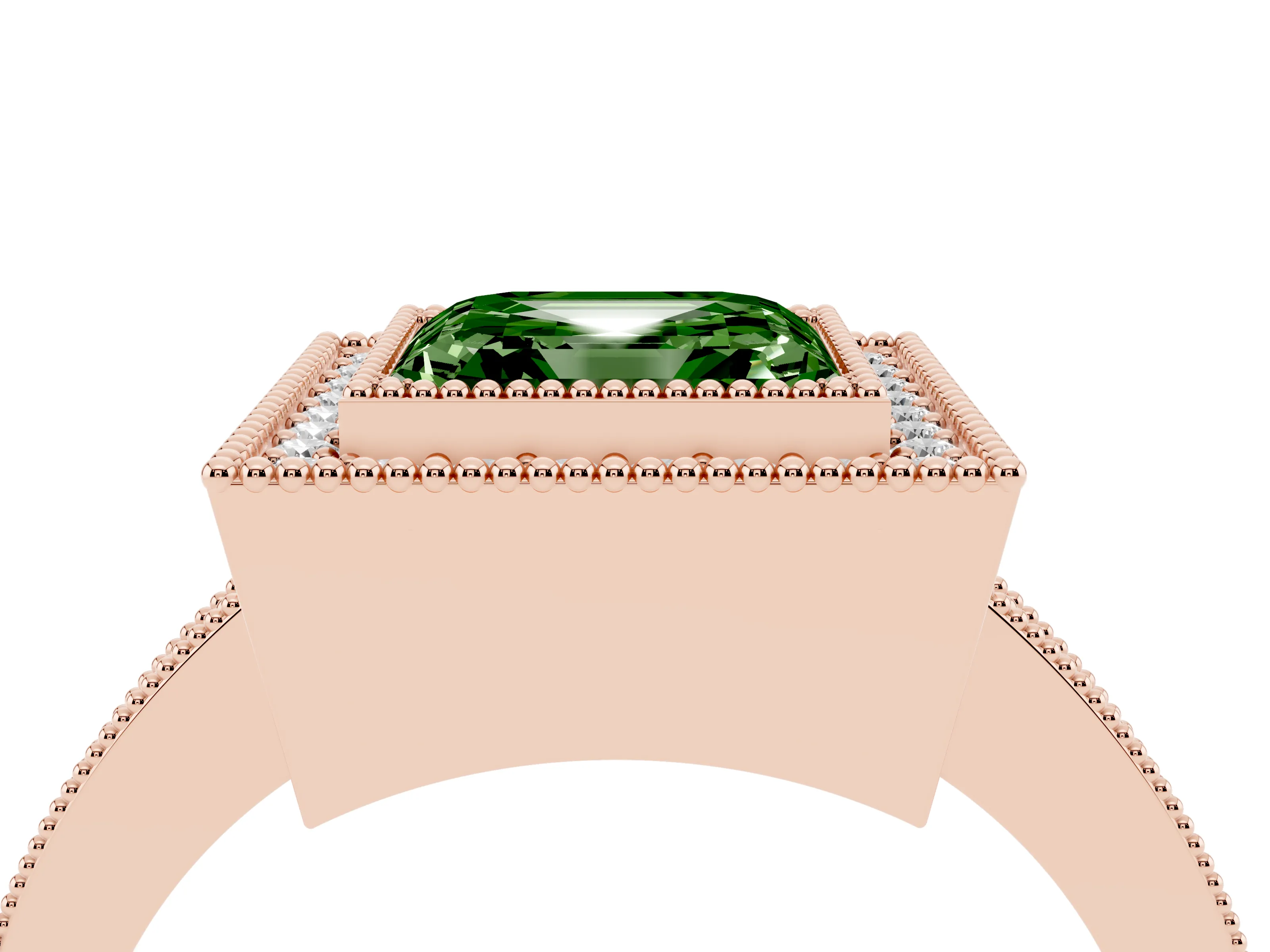 Fancy Green Asscher Cut Diamond Halo Engagement Ring Set in Rose gold with Pavé Band and Round Halo Stones