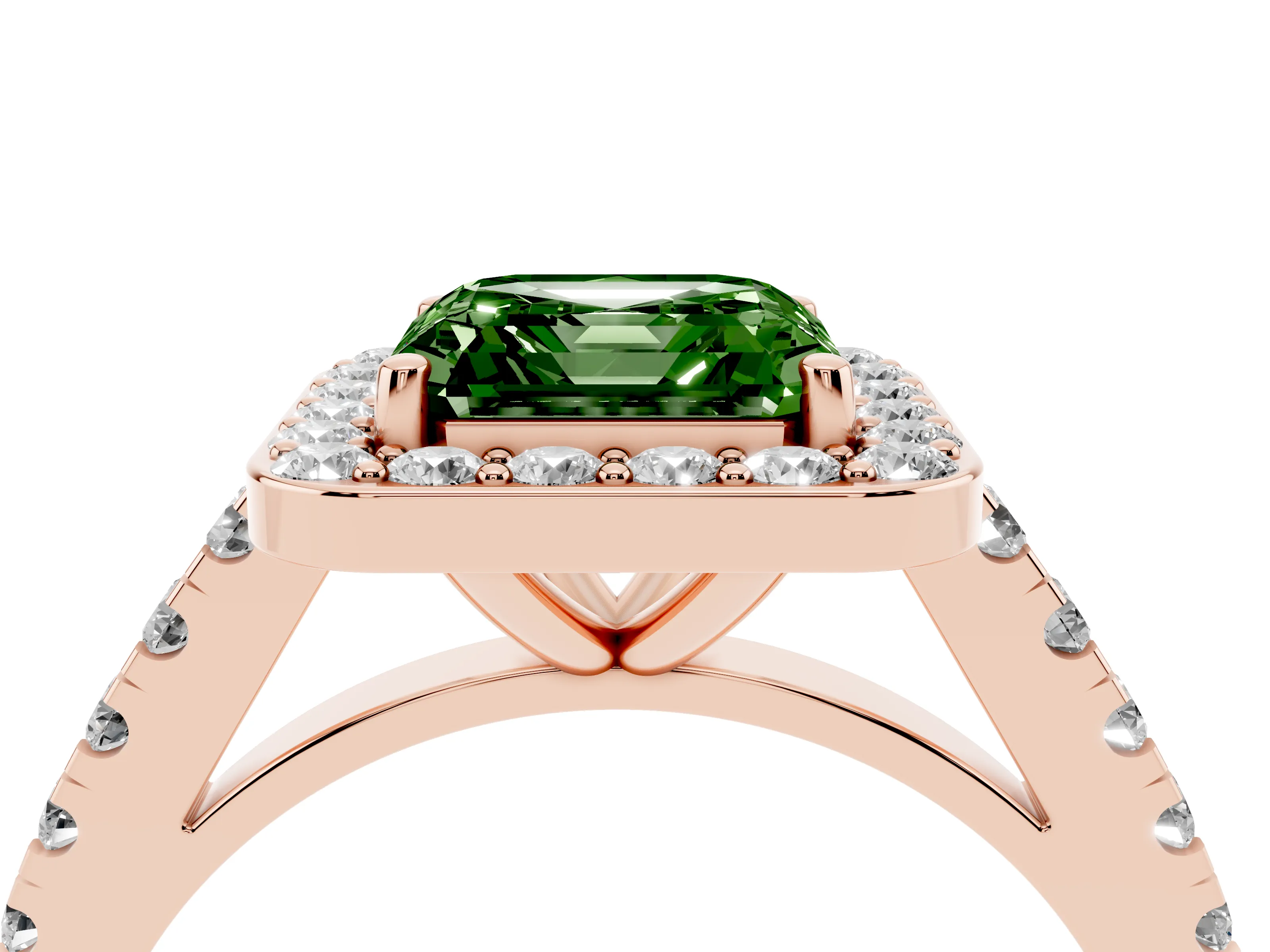 Fancy Green Asscher Cut Diamond Halo Ring Set in Rose gold with Round Pavé Split Shank and Prong Setting