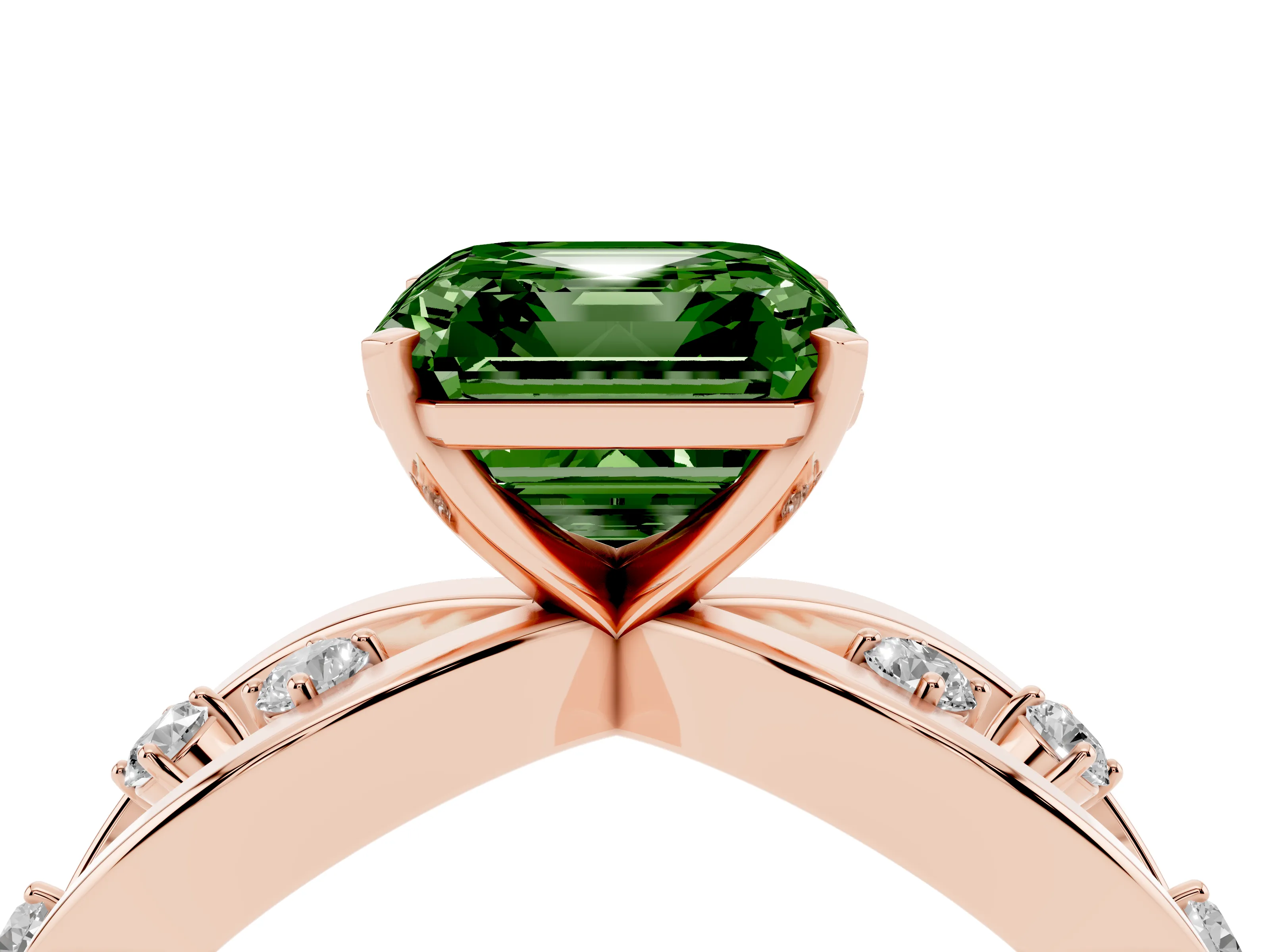 Fancy Green Asscher Cut Diamond Solitaire Ring Set in Rose gold with Side Stones on Criss-Cross Band and Prong Setting