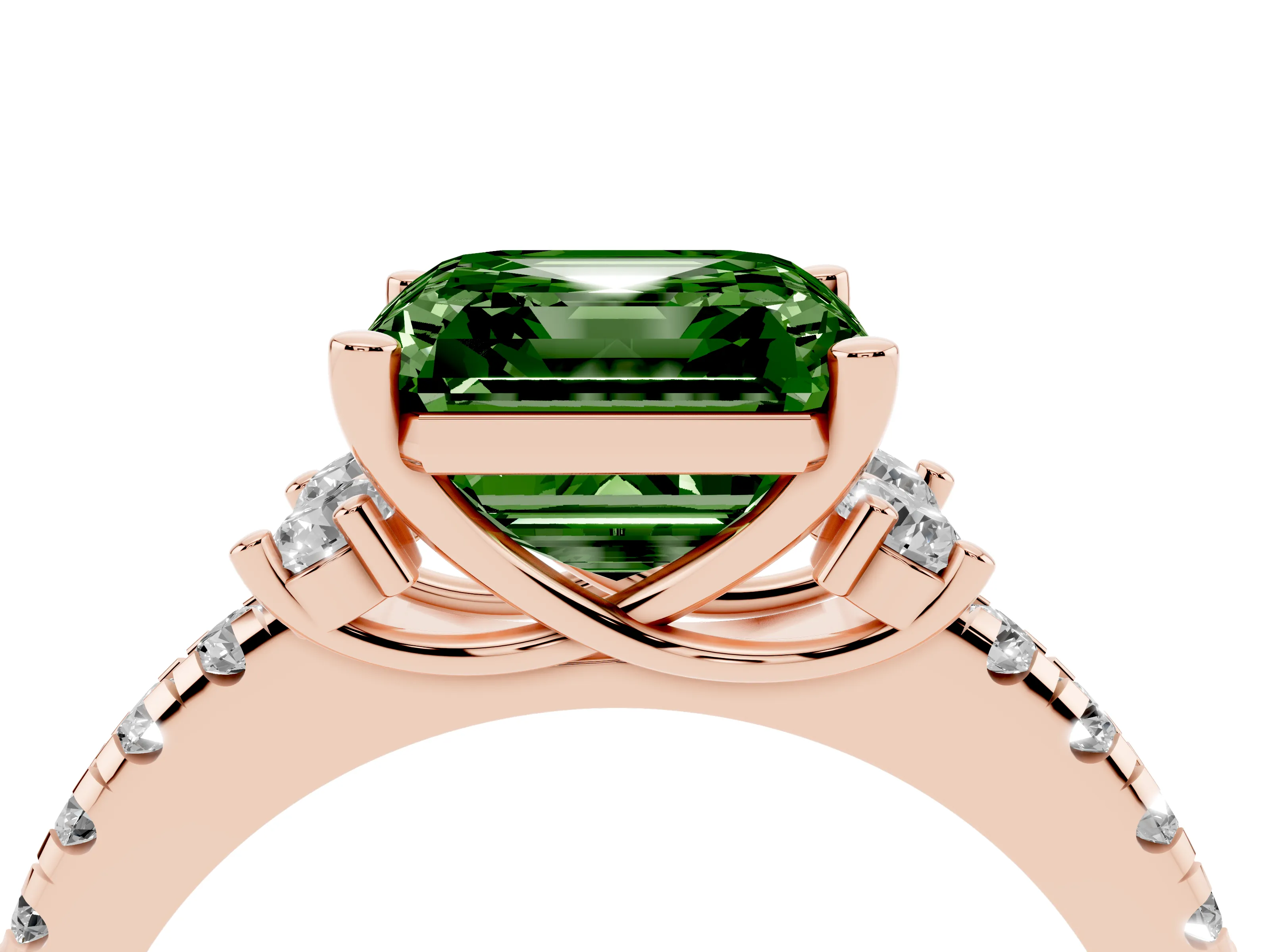 Fancy Green Asscher Cut Diamond Three-Stone Pavé Ring Set in Rose gold with Prong Setting