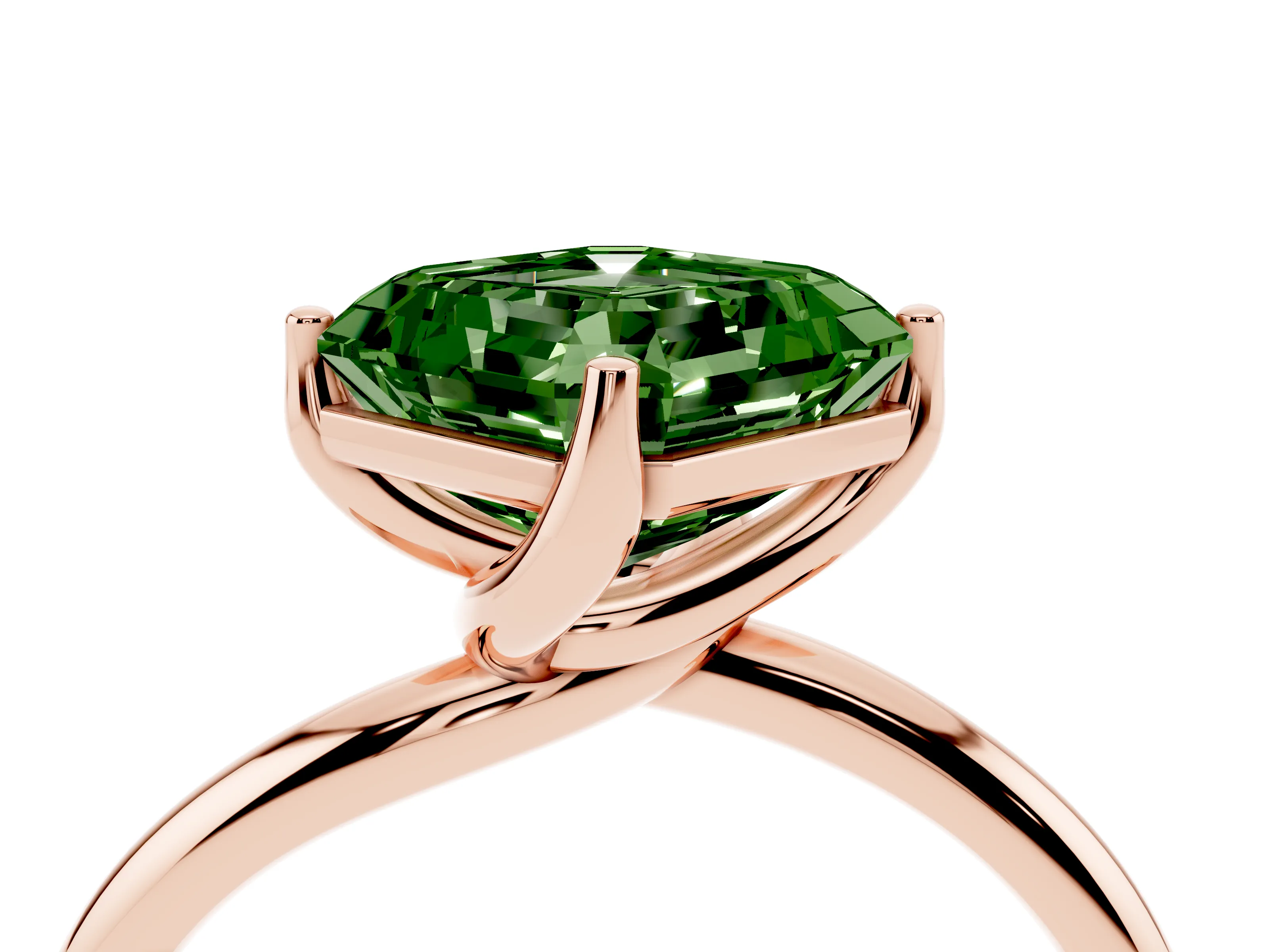 Fancy Green Asscher Cut Diamond Solitaire Engagement Ring Set in Rose gold with Classic Plain Band