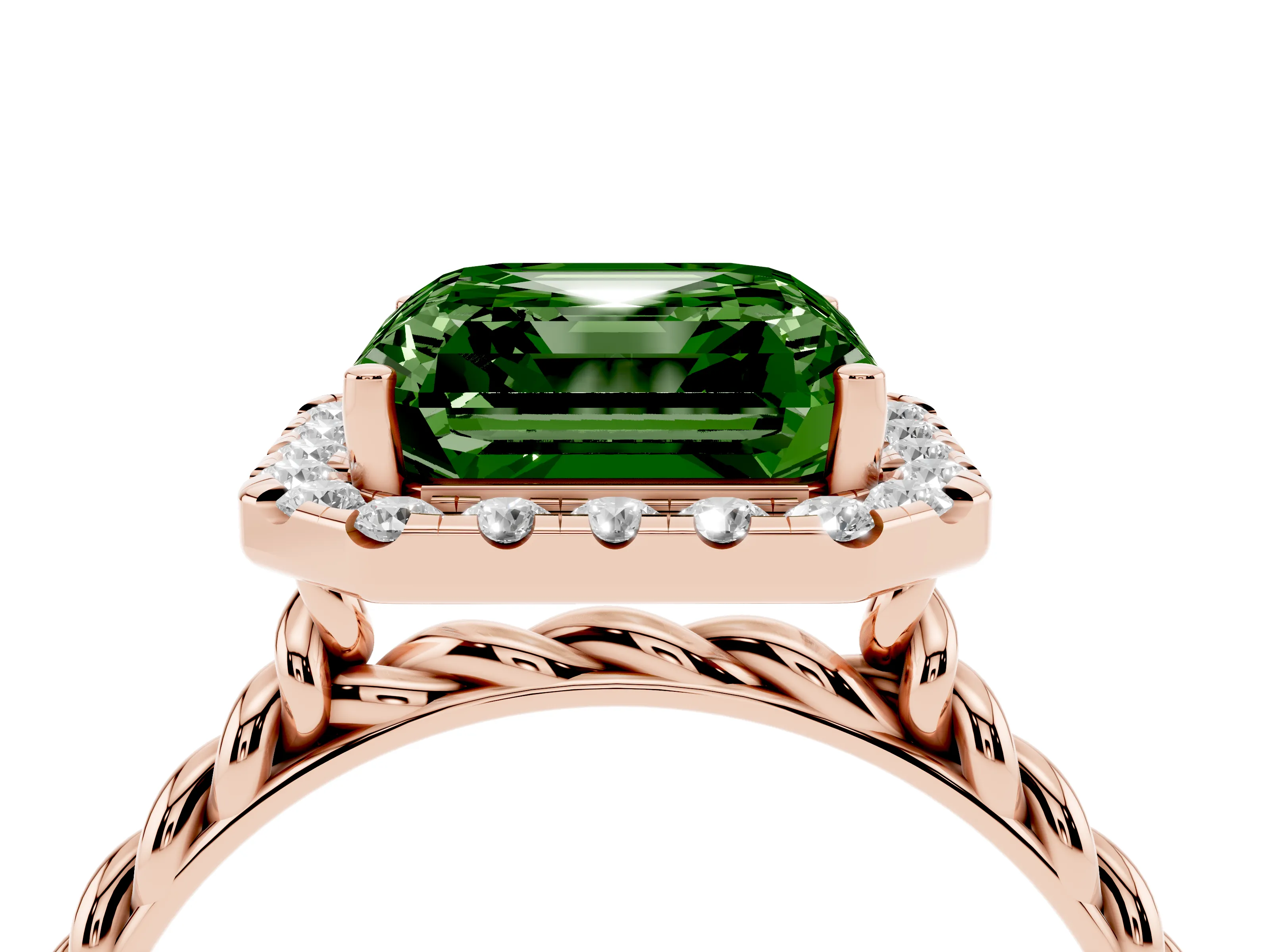 Fancy Green Asscher Cut Diamond Halo Ring Set in Rose gold with Plain Twisted Band
