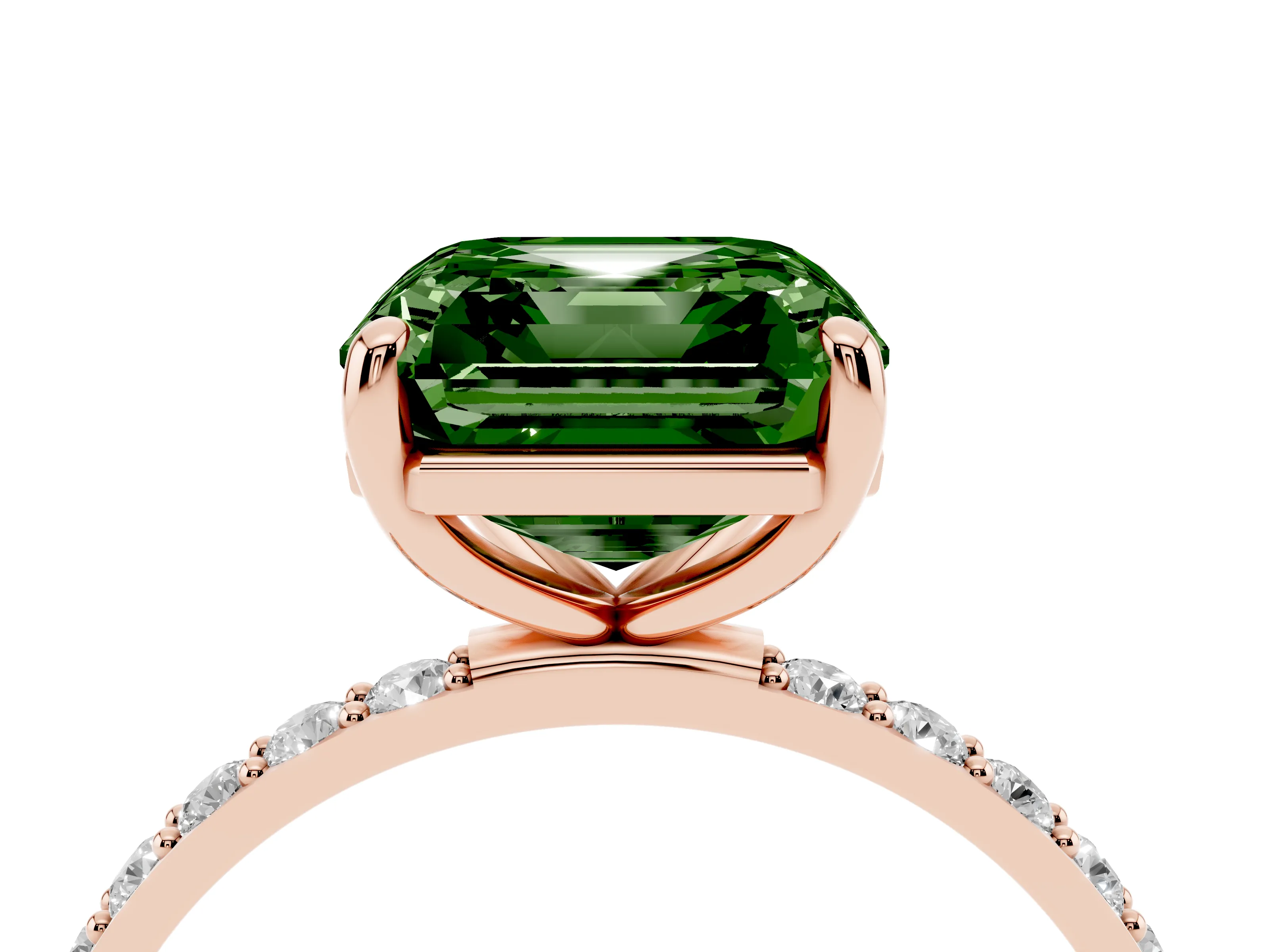 Fancy Green Asscher Cut Diamond Solitaire Ring Set in Rose gold with Round Pavé Band and Prong Setting