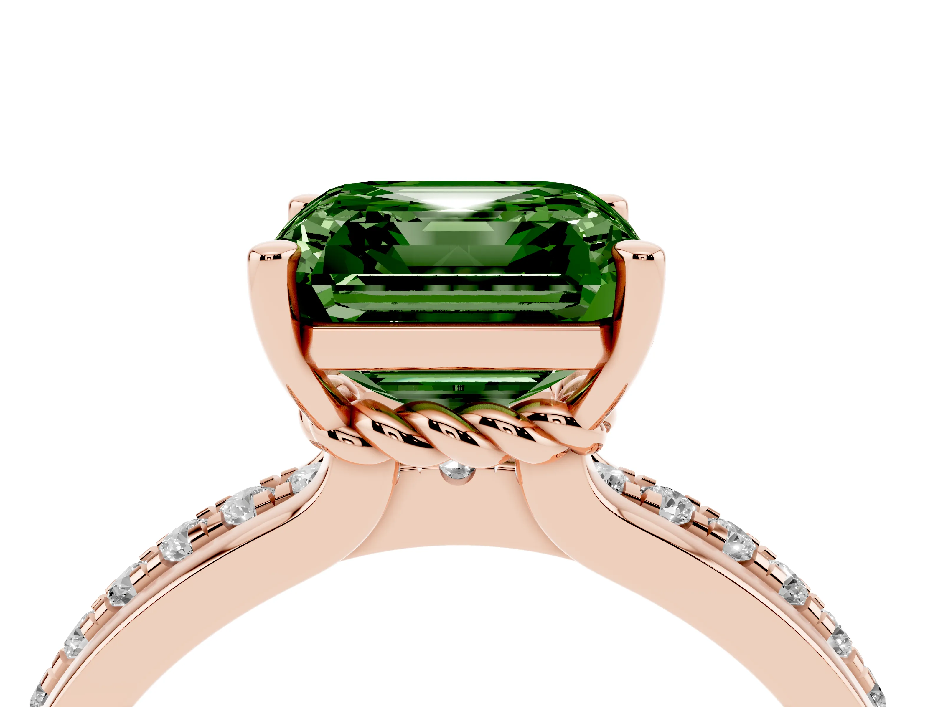 Fancy Green Asscher Cut Diamond Solitaire Ring Set in Rose gold with Channel Set Band and Prong Setting