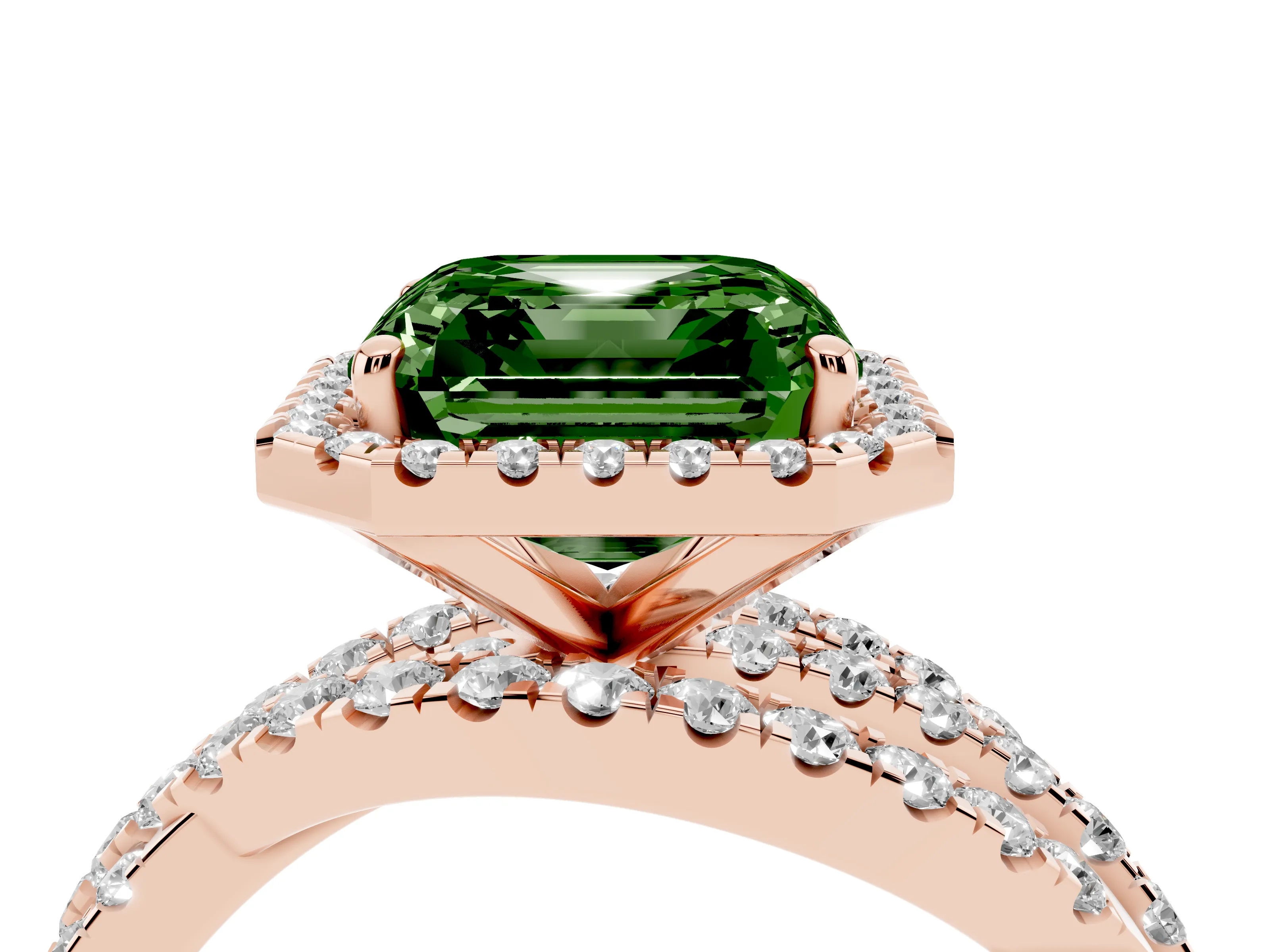 Fancy Green Asscher Cut Diamond Halo Ring Set in Rose gold with Round Crossover Split Shank and Prong Setting