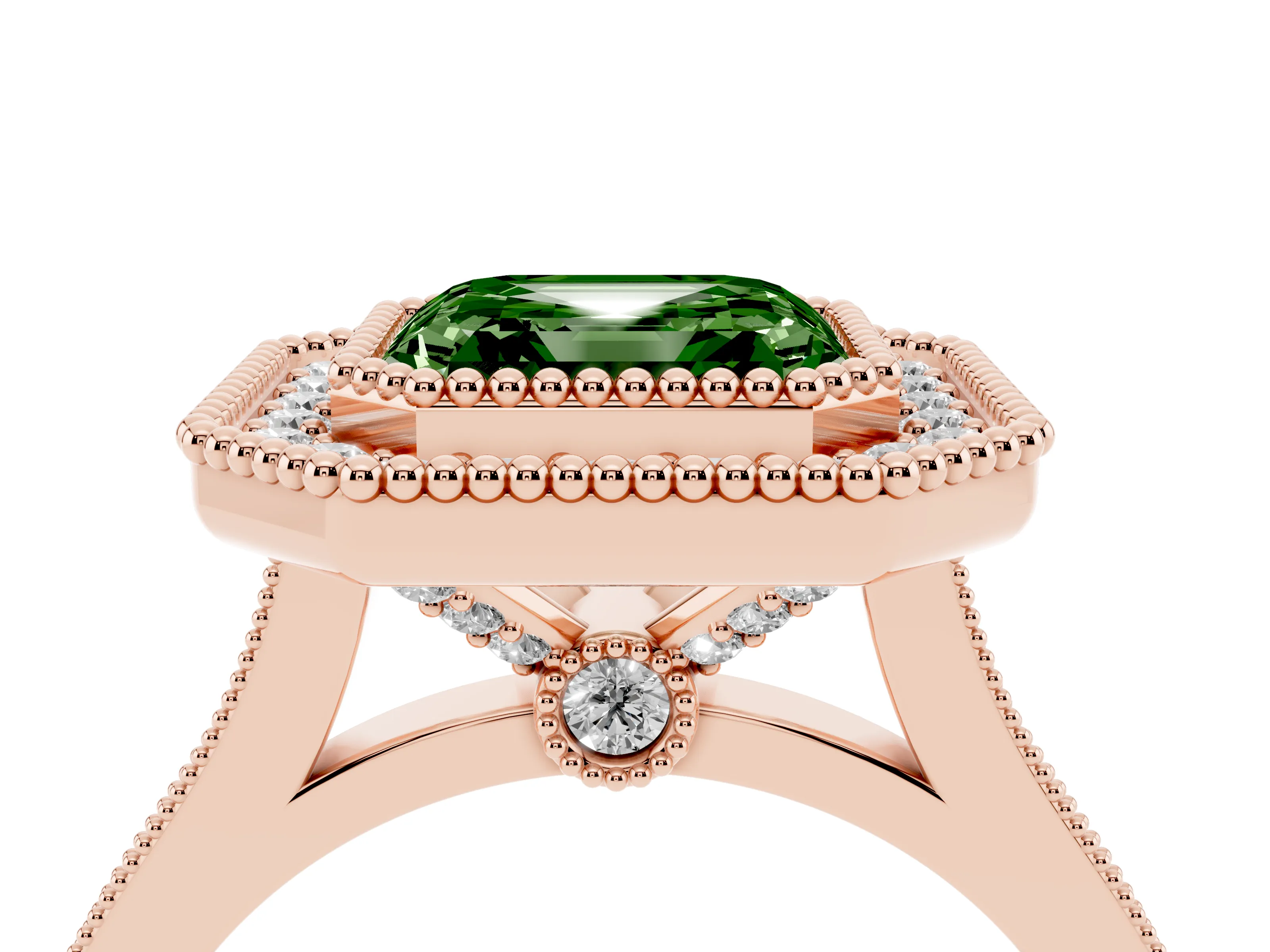 Fancy Green Asscher Cut Diamond Halo Ring Set in Rose gold with Milgrain Frame and Pavé Band