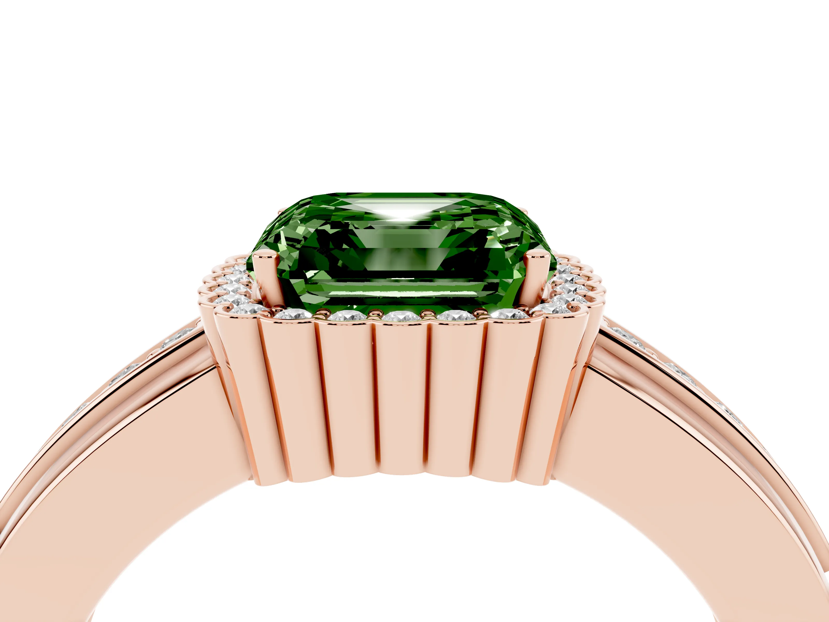 Fancy Green Asscher Cut Diamond Halo Prong Ring Set in Rose gold with Pavé Band