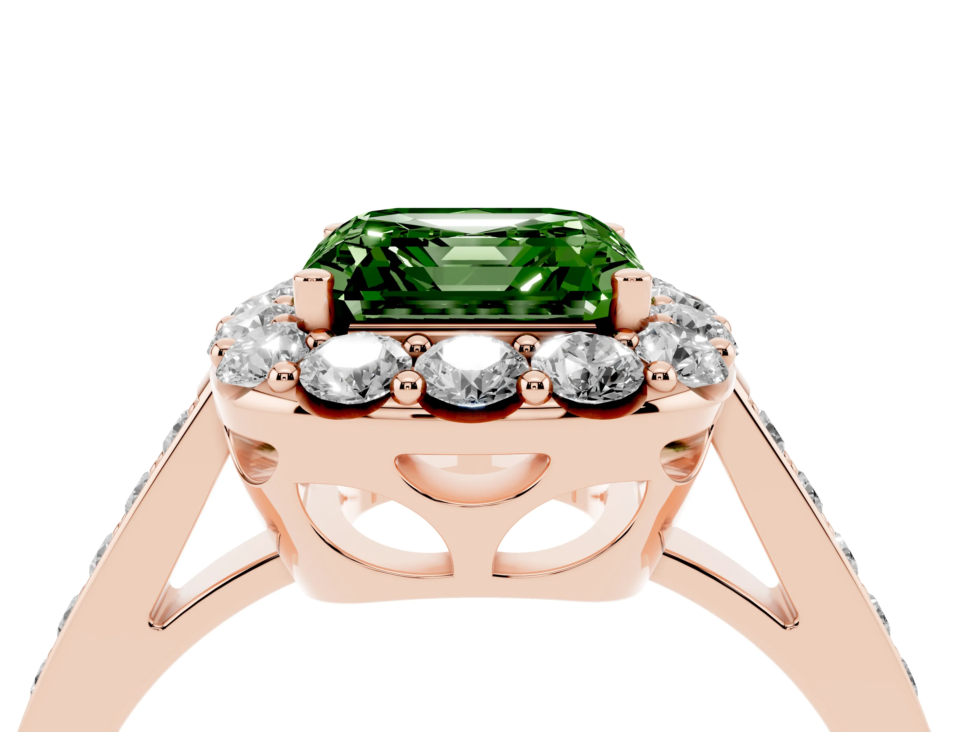Fancy Green Asscher Cut Diamond Floral Halo Ring Set in Rose gold with Pavé Band and Prong Setting