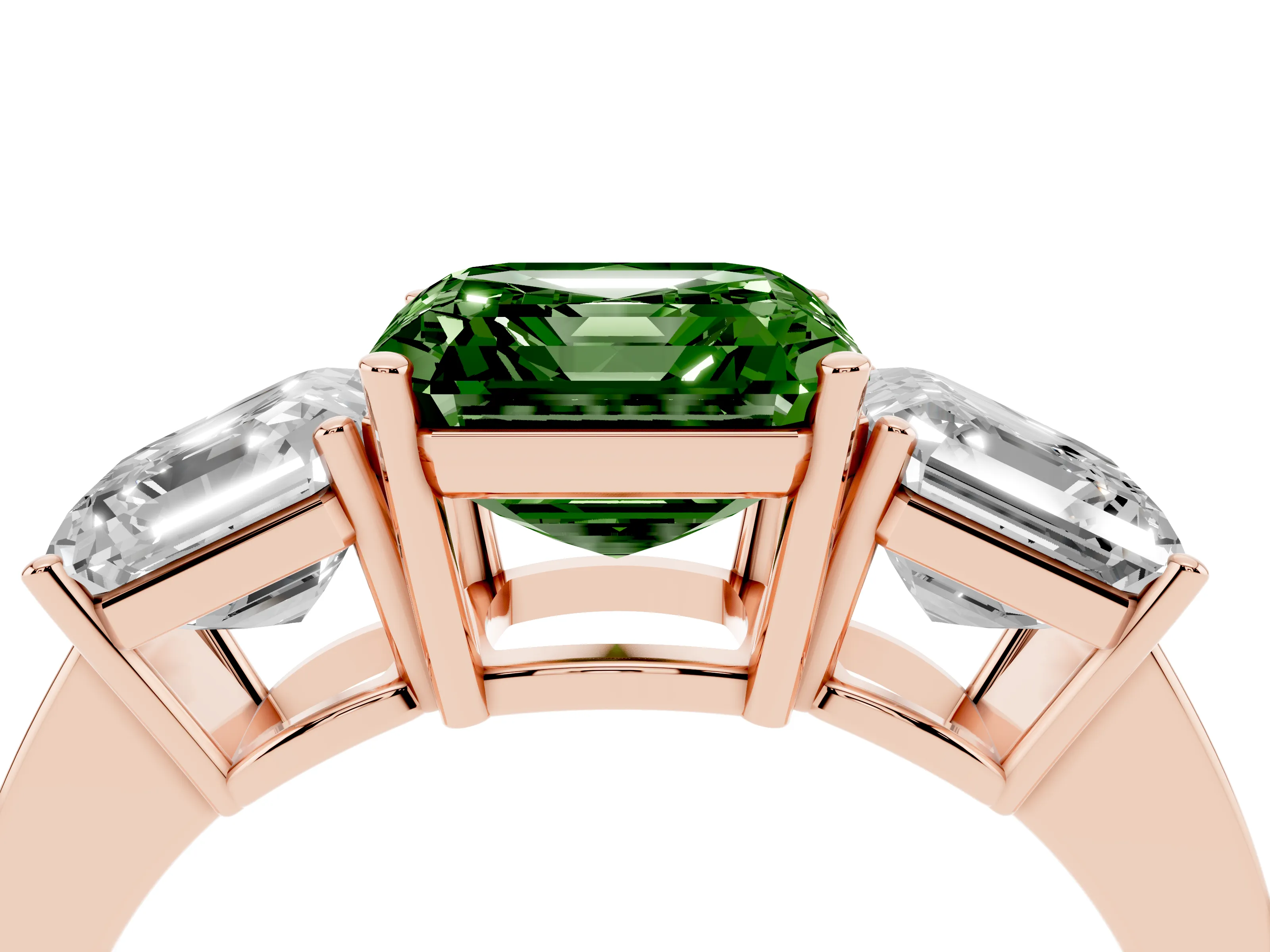Fancy Green Asscher Cut Diamond Three-Stone Engagement Ring Set in Rose gold with Flat Band