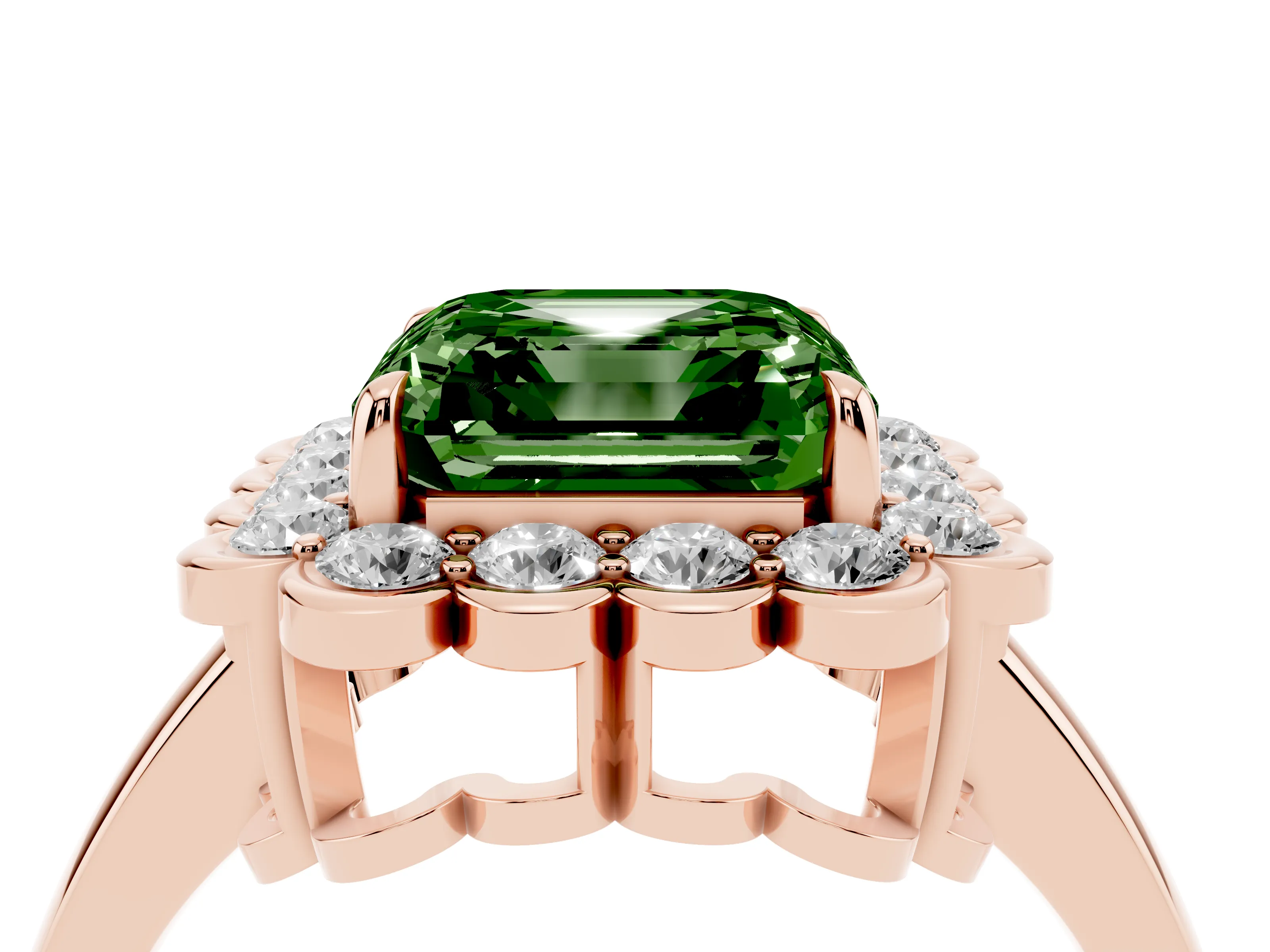 Fancy Green Asscher Cut Diamond Halo Cluster Engagement Ring Set in Rose gold with Solitaire Band and Prong Setting