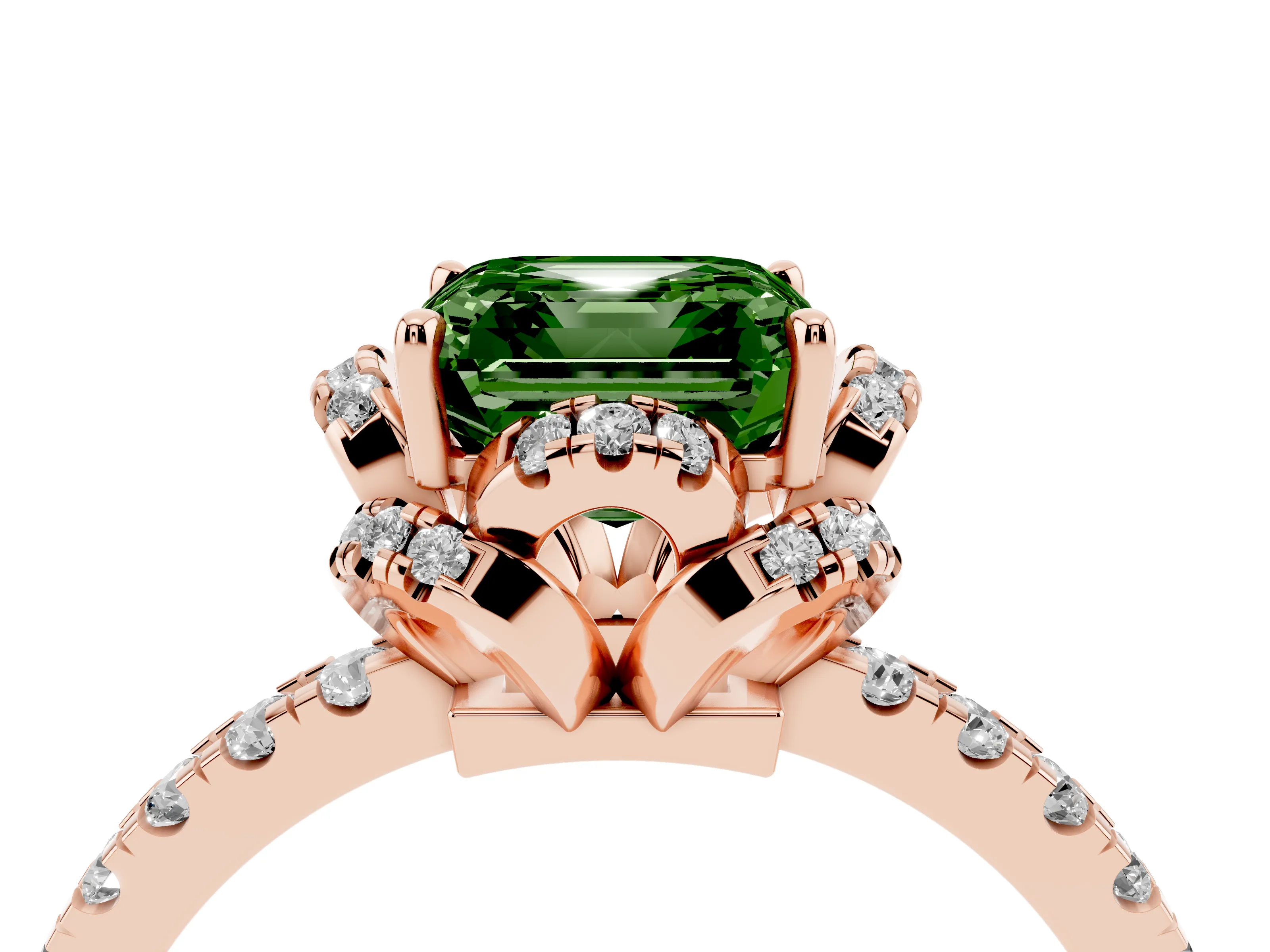 Fancy Green Asscher Cut Diamond Halo Pavé Ring Set in Rose gold with Prong-Held Center Stone