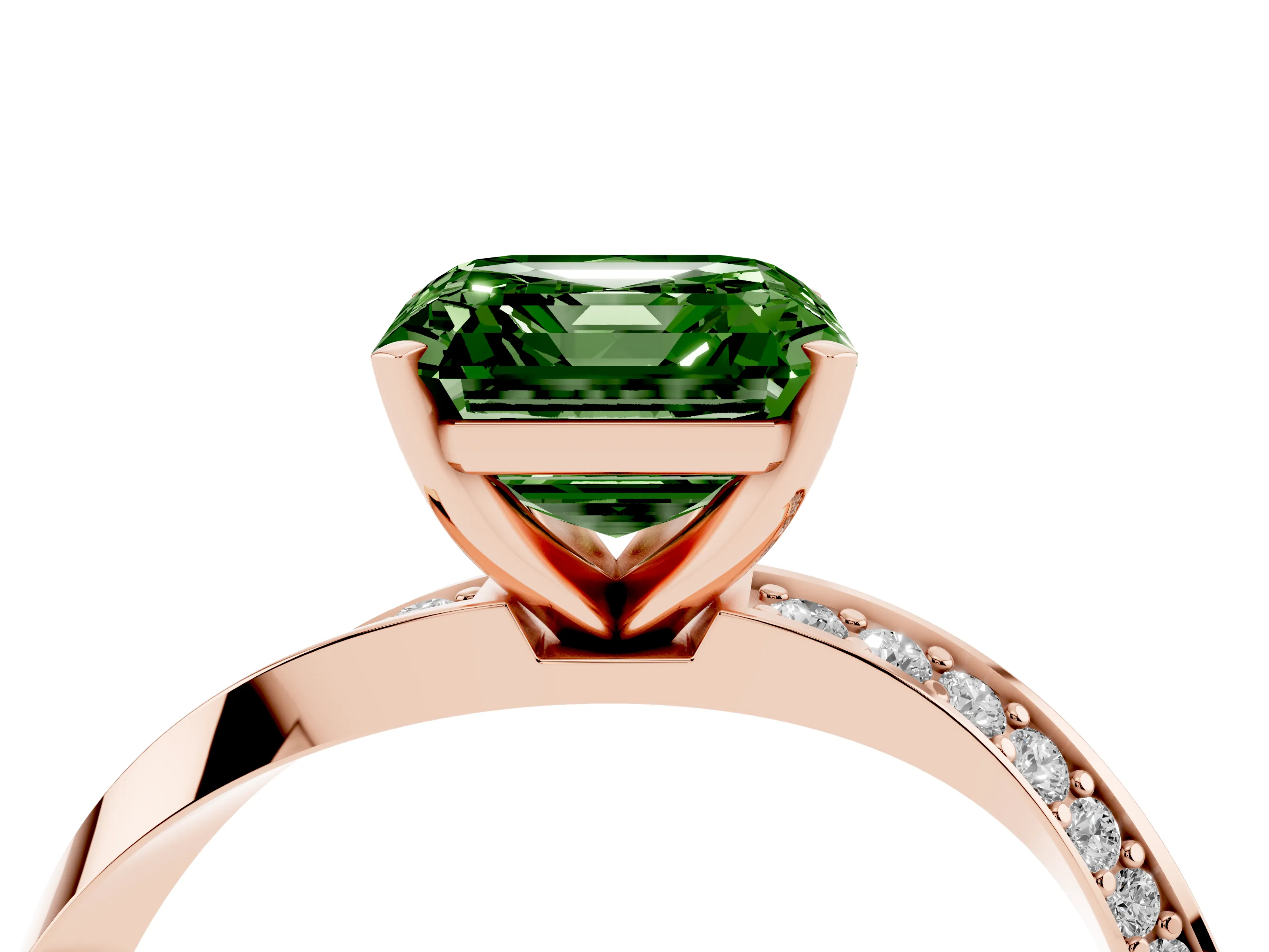 Fancy Green Asscher Cut Diamond Engagement Ring Set in Rose gold with Side Stone Accents and Prong Setting